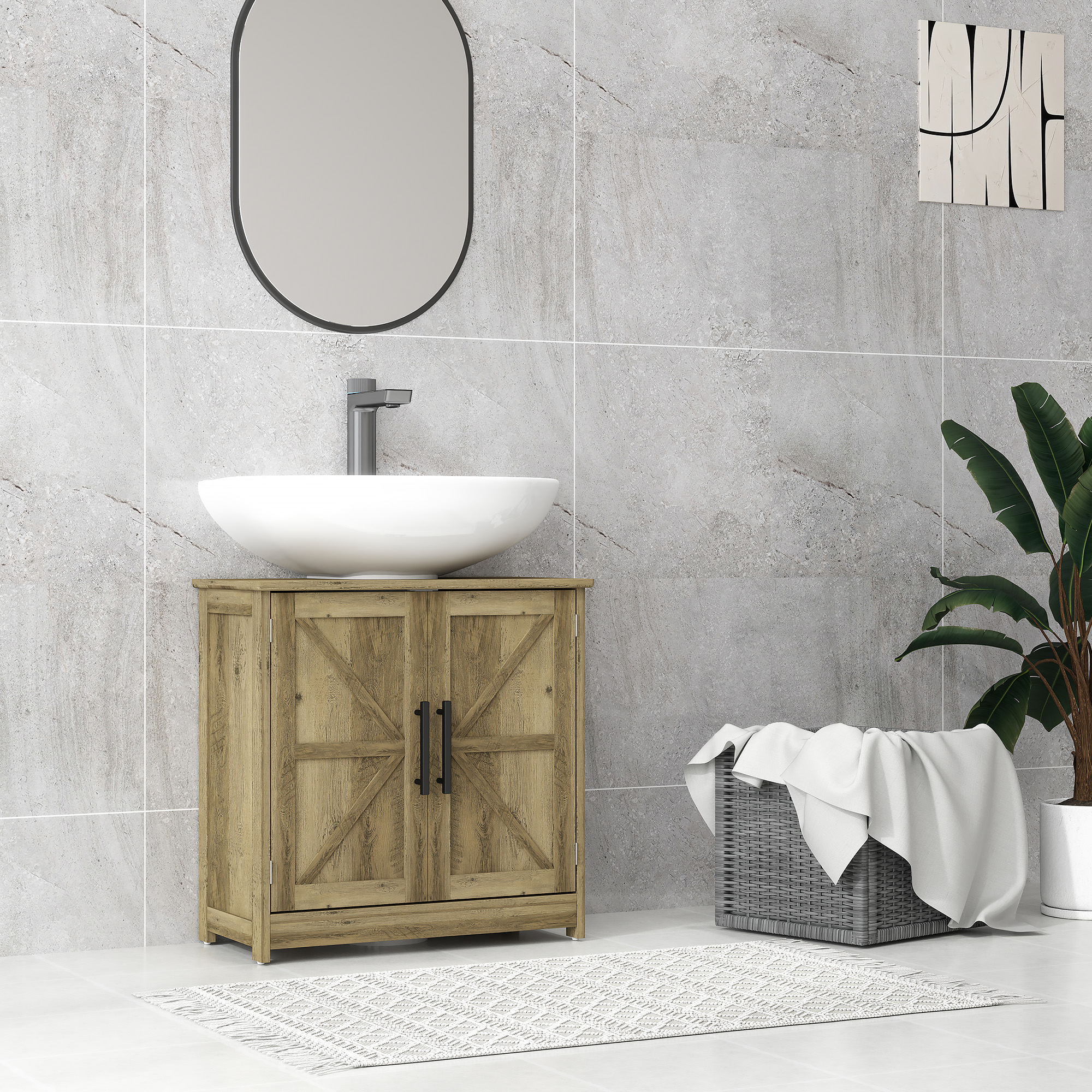 Farmhouse Pedestal Sink Storage Cabinet, Bathroom Sink Cabinet with 2 Barn Doors and Adjustable Shelf, Light Gray
