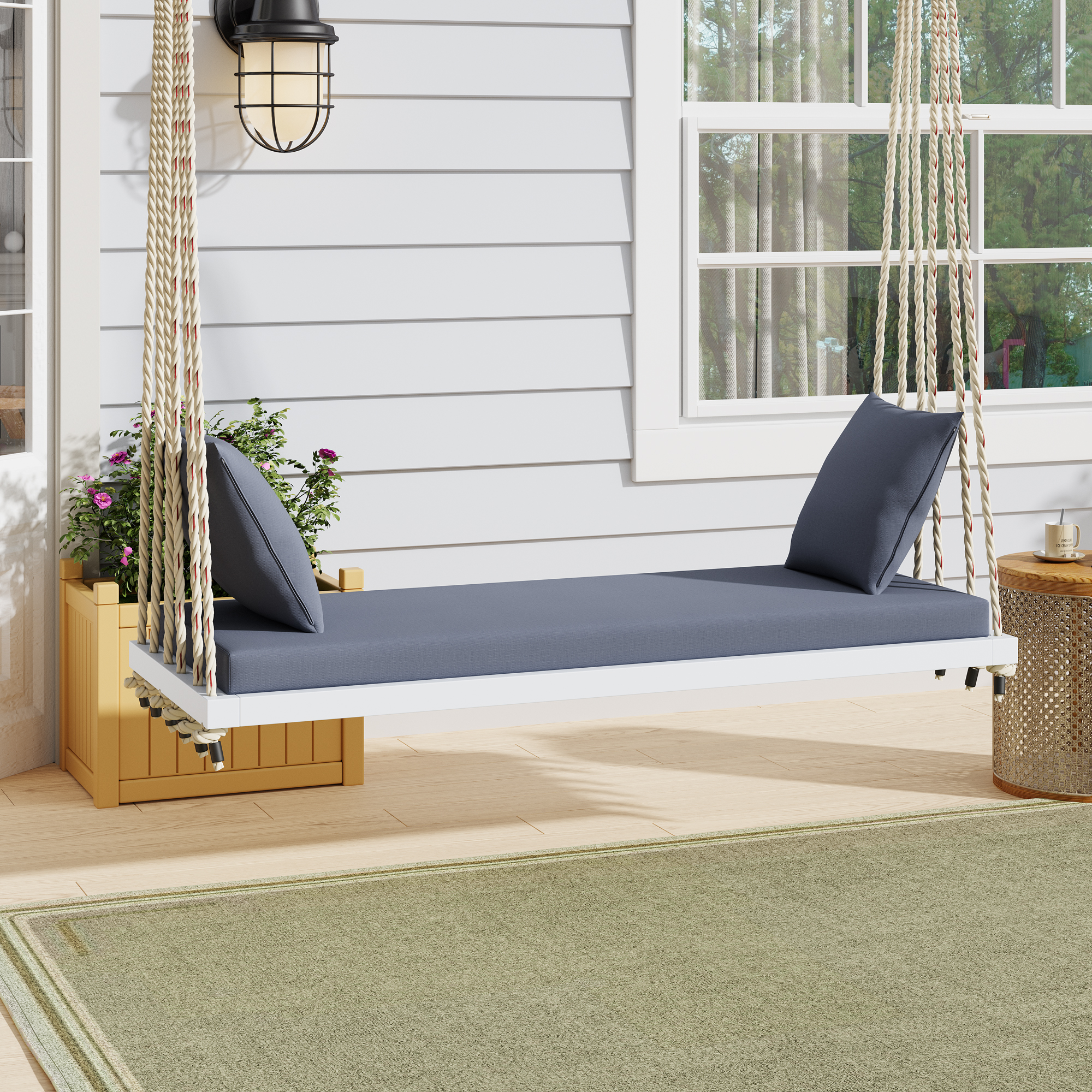 TOPMAx Patio Wooden Swing Chair  Hanging Porch Swing Bench With Cushion&Pillows  10.8Ft Hemp Ropes For Garden  Lawn White
