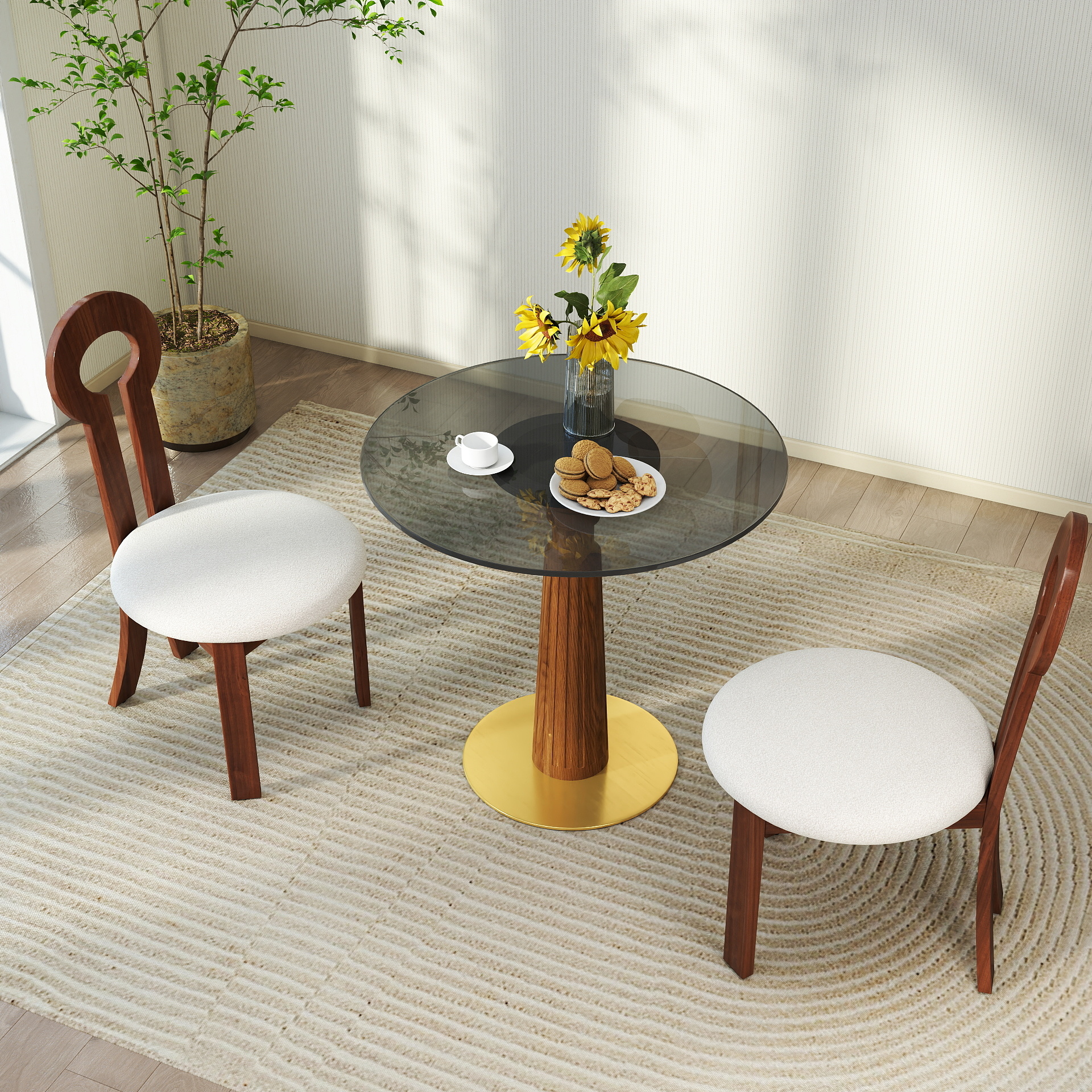 Mesa de comedor redonda moderna de 33.5 pulgadas, vidrio templado y base dorada
