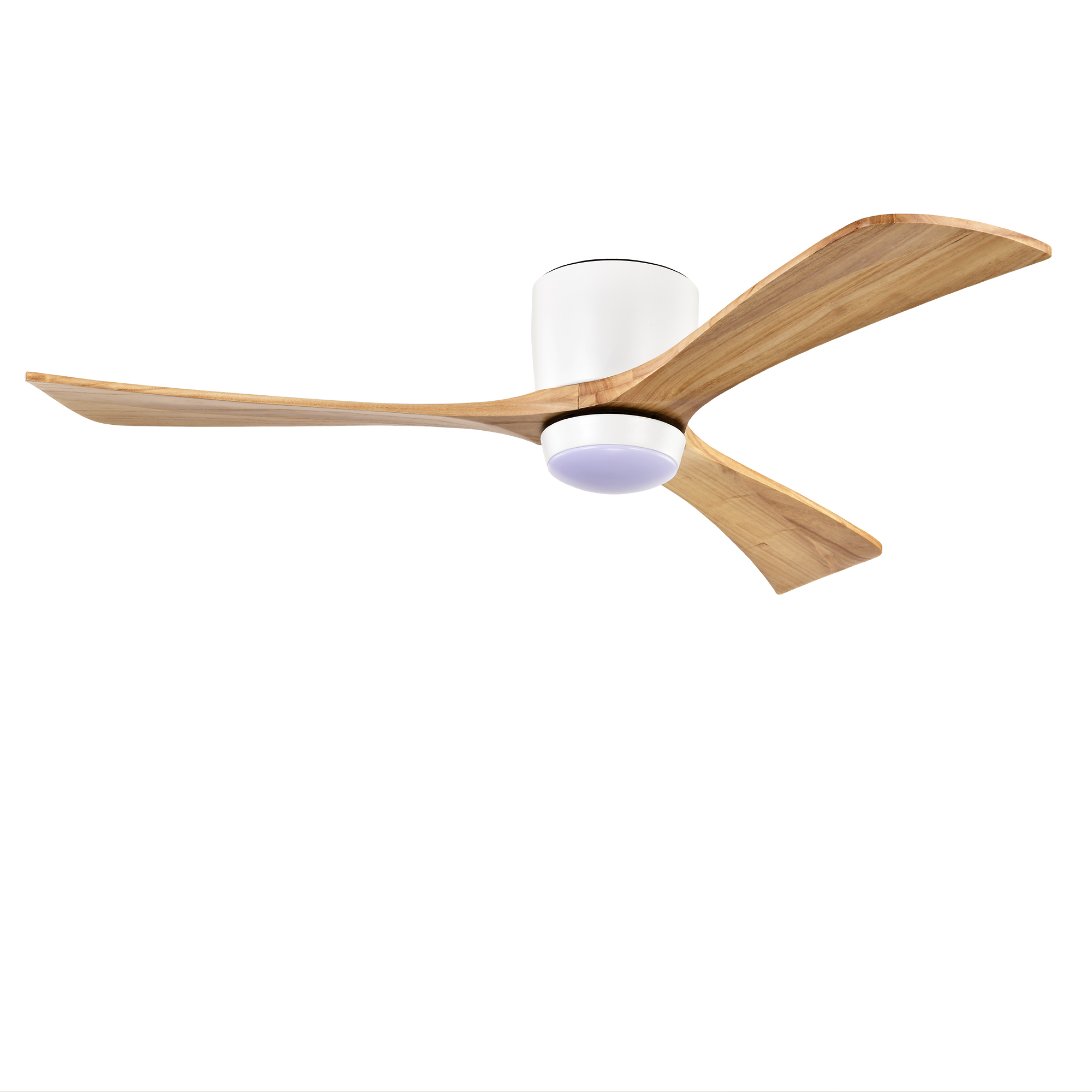 Ventilador de techo de 52 pulgadas, aspas de madera, con luz, control remoto, blanco mate.