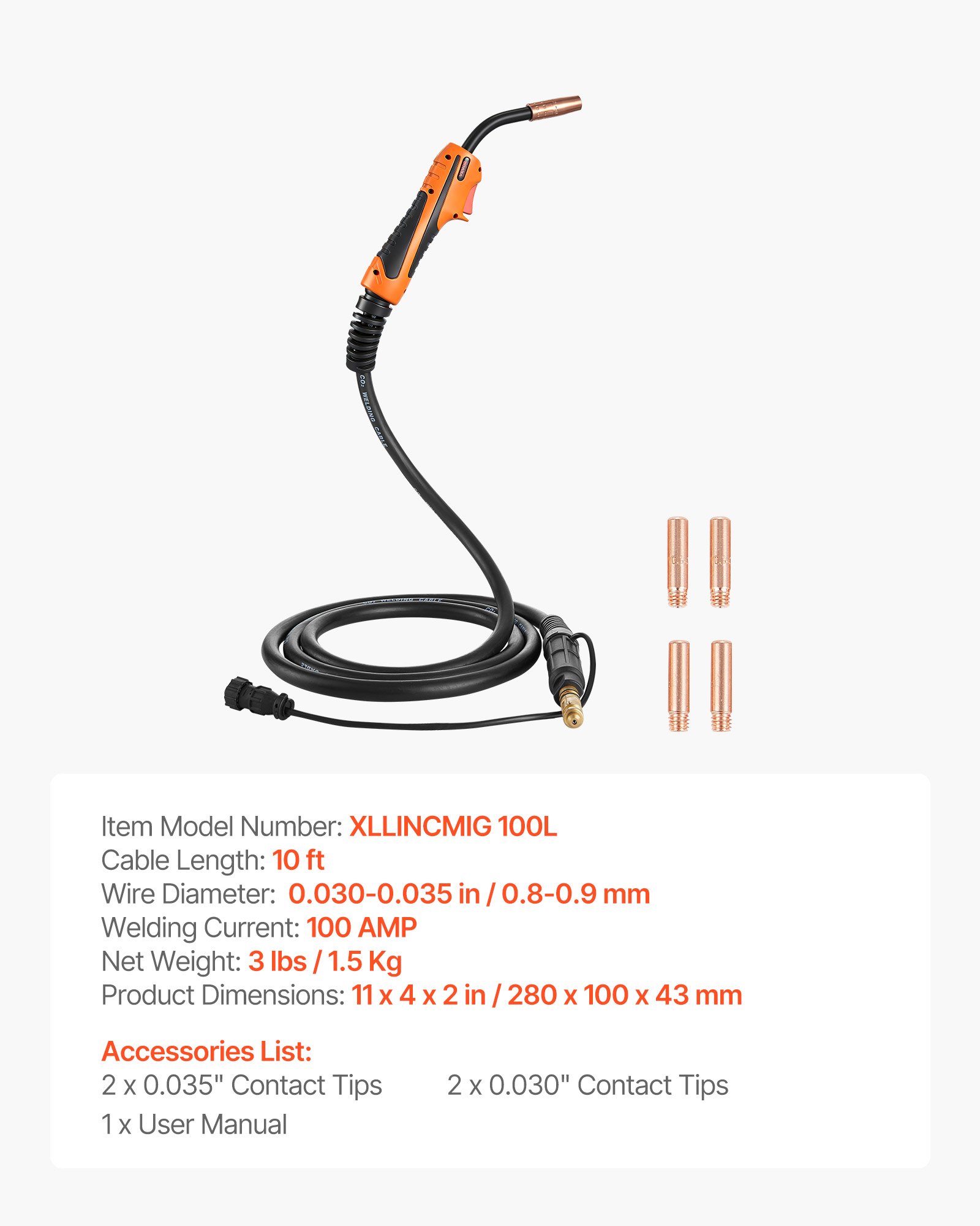 100A MIG Welding Gun With 10FT Cable, Replacement For Lincoln Magnum 100L (K530-6) - With 5PCS Mig Welding Contact Tips