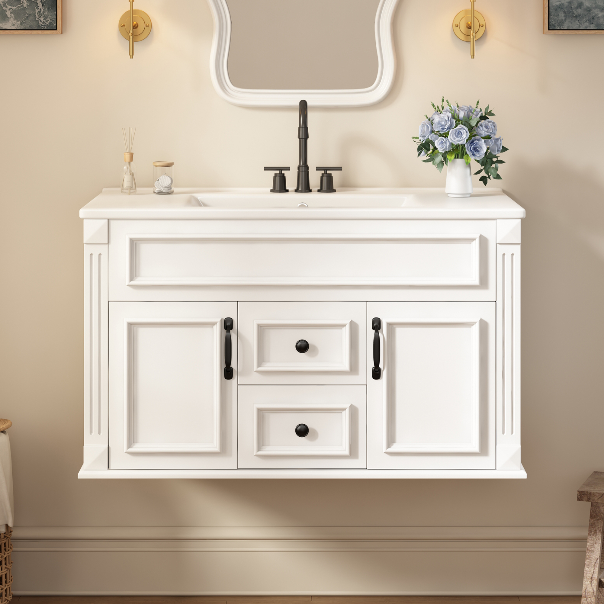 Mueble de baño de 36 pulgadas, montaje en pared, lavabo cerámico, cajones, estilo francés