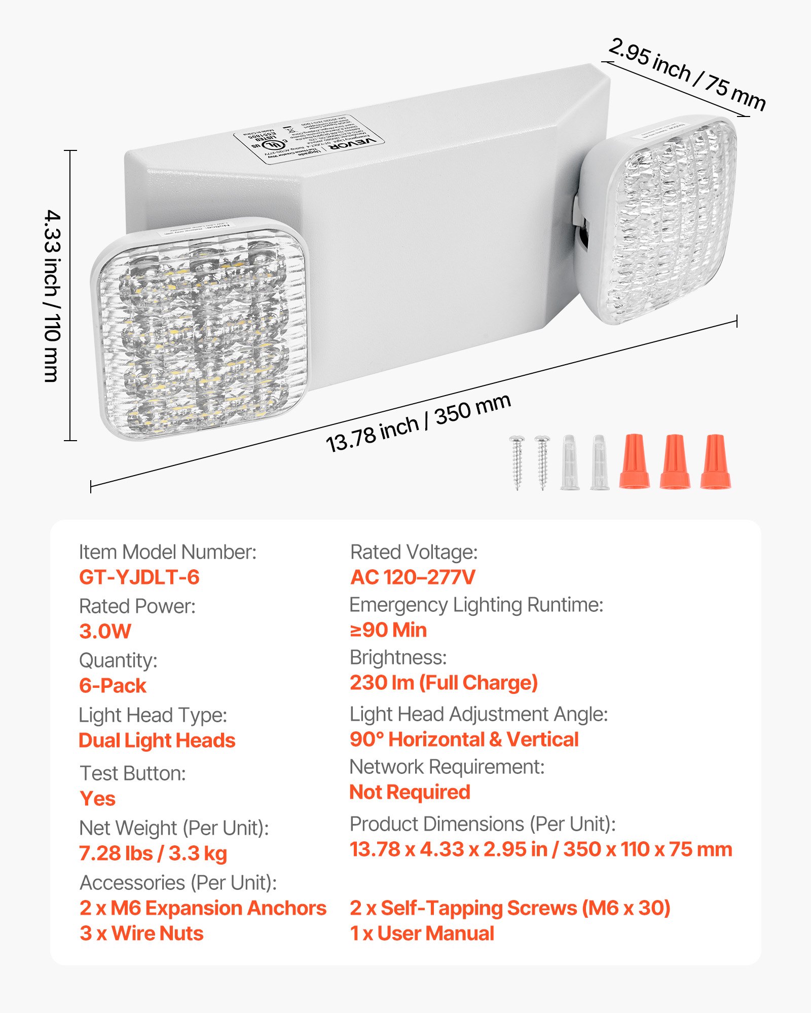 6 Pack Emergency Lights For Business, With Battery Backup, Commercial LED Emergency Exit Lighting Fixtures, AC 120/277V, With Two Square Head Adjustable, 90-Minute Backup, For Business, White