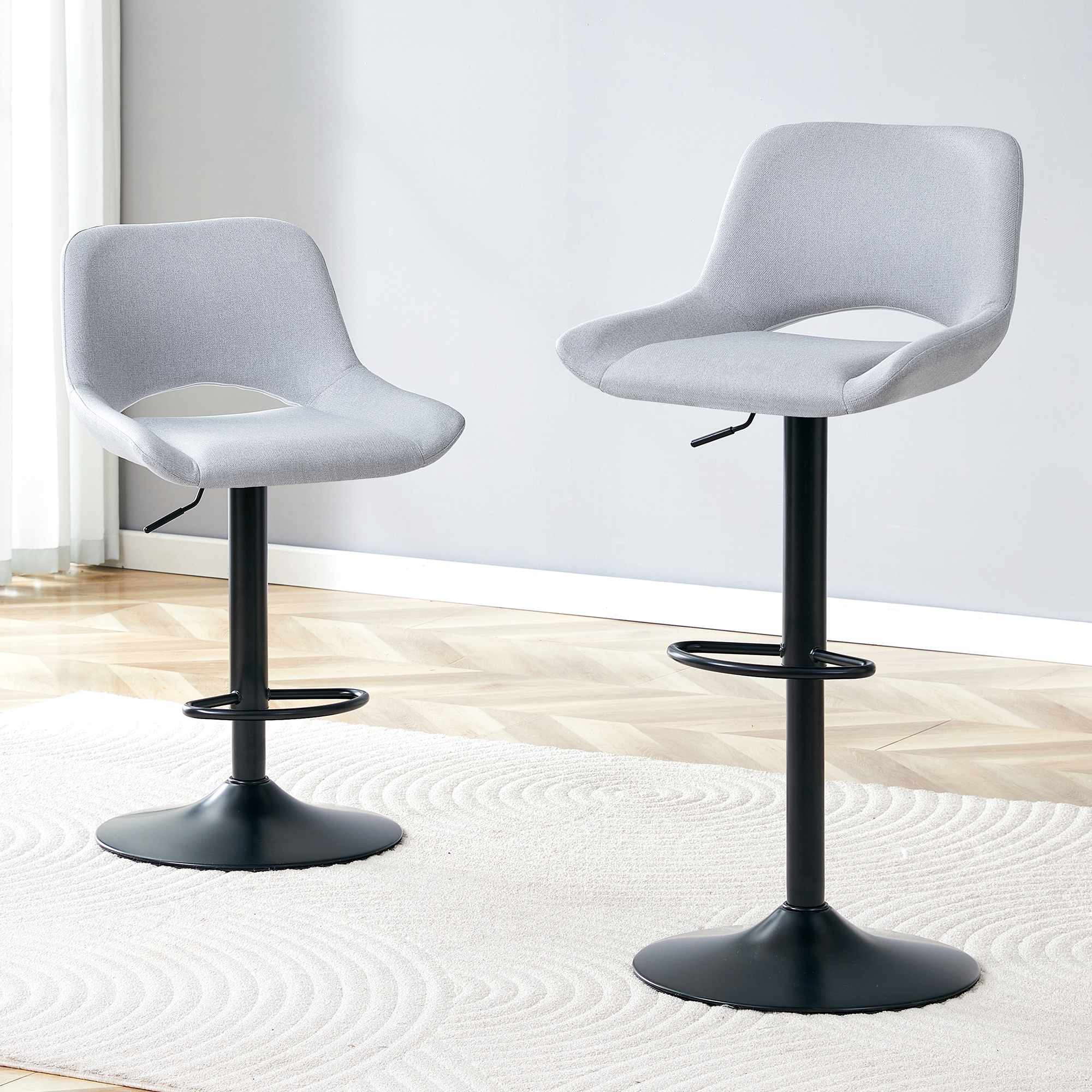 Modern Swivel Adjustable Bar Stools Set - 2 Pack, Light Gray Linen Fabric, Holds Up To 250 Lbs, Suitable For Home Bars And Kitchen Islands.