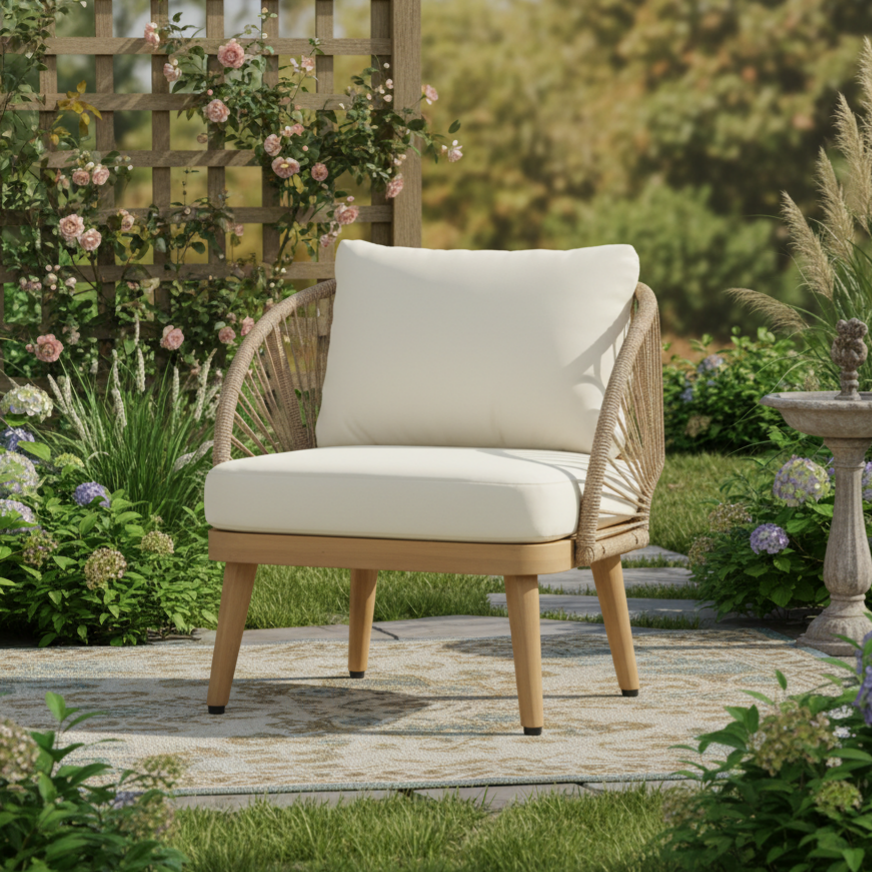 Acacia Wood Outdoor Club Chair, Curved Tub Design Patio Chair With Handwoven Rope Accents & Weather-Resistant Cushion