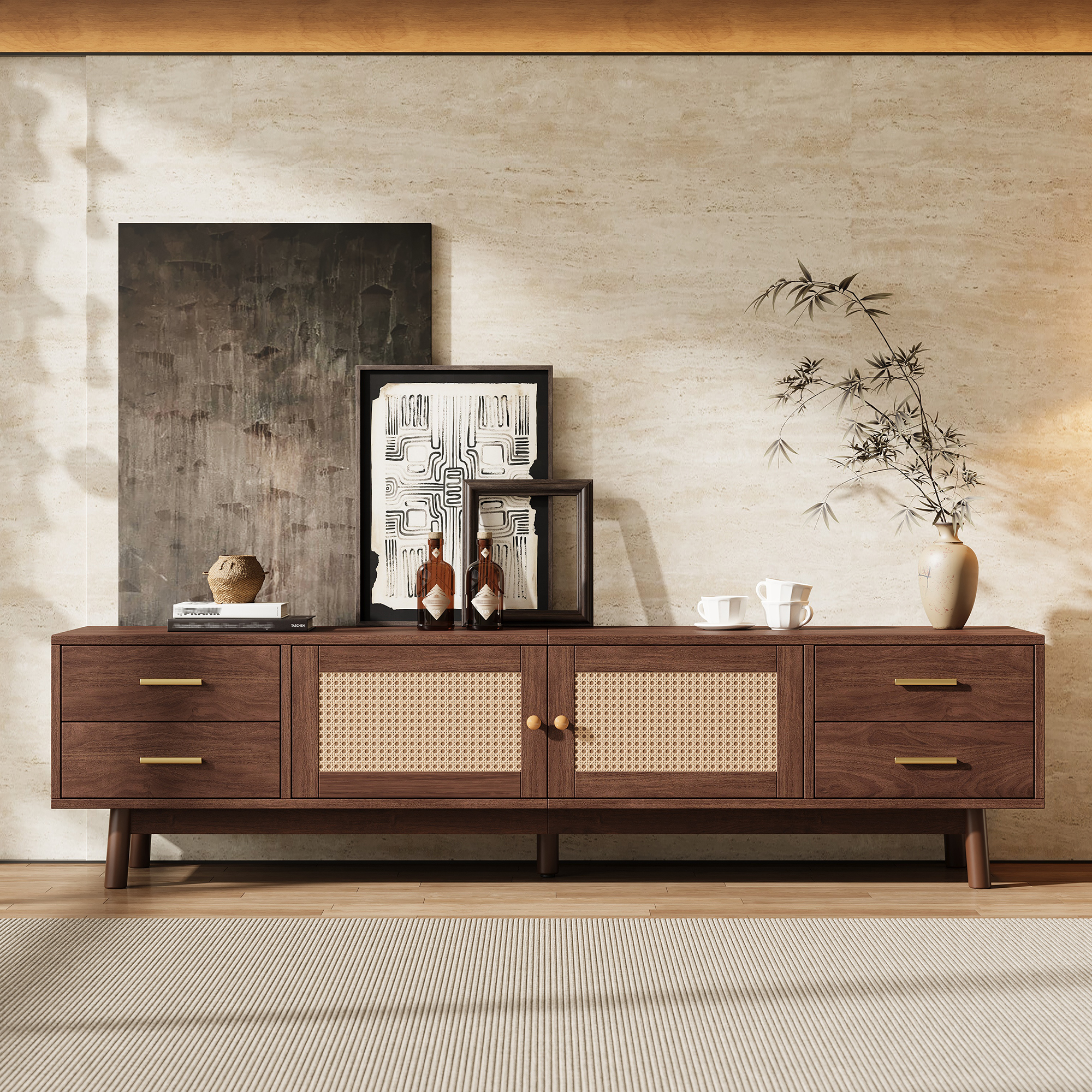 70inch Modern TV Stand With Rattan Doors For TVs Up To 80  , Media Console With Storage Space, 4 Drawers & Cable Holes, Entertainment Center For Living Room