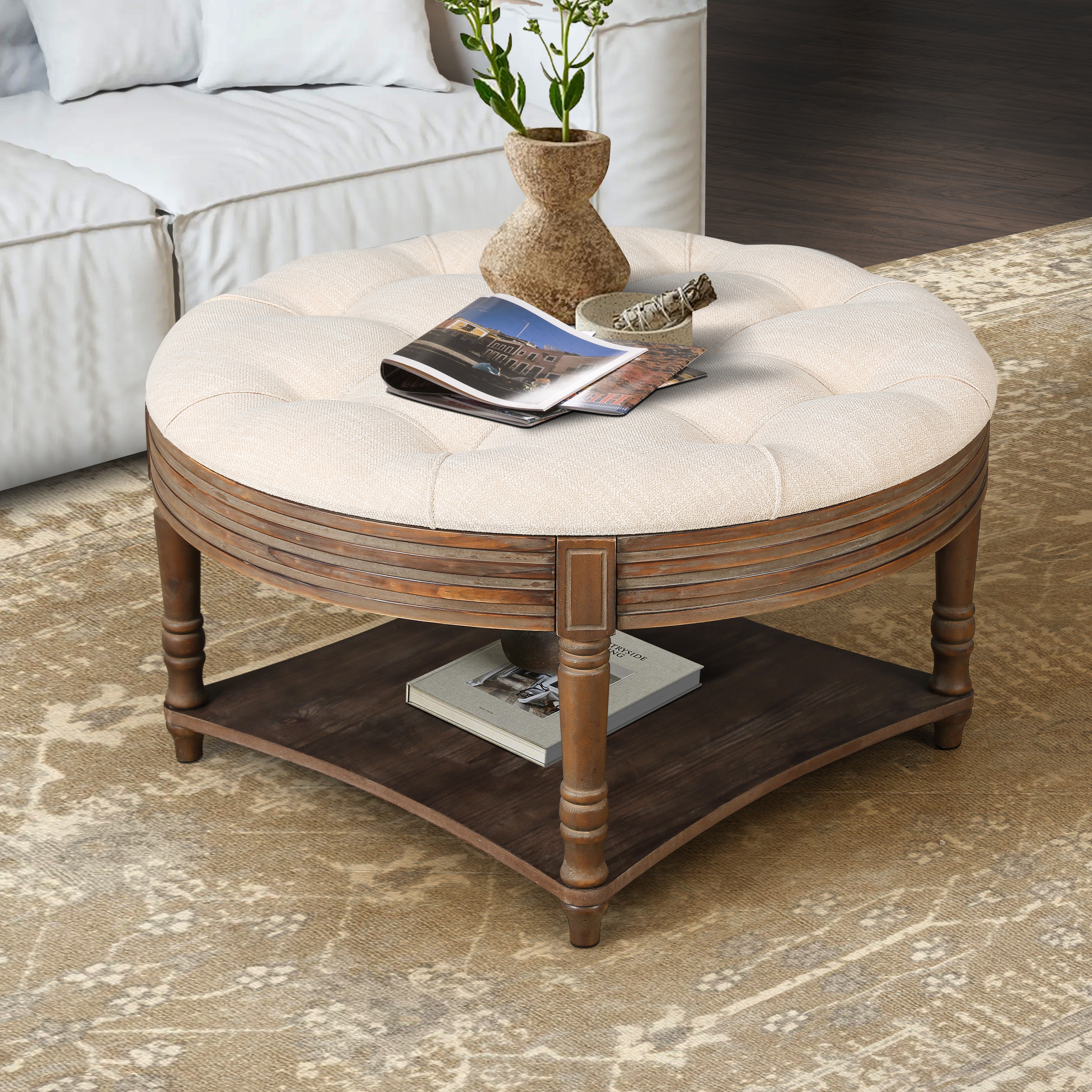 Otomana / Mesa de centro redonda impermeable, 2 niveles, capitoné, lino beige