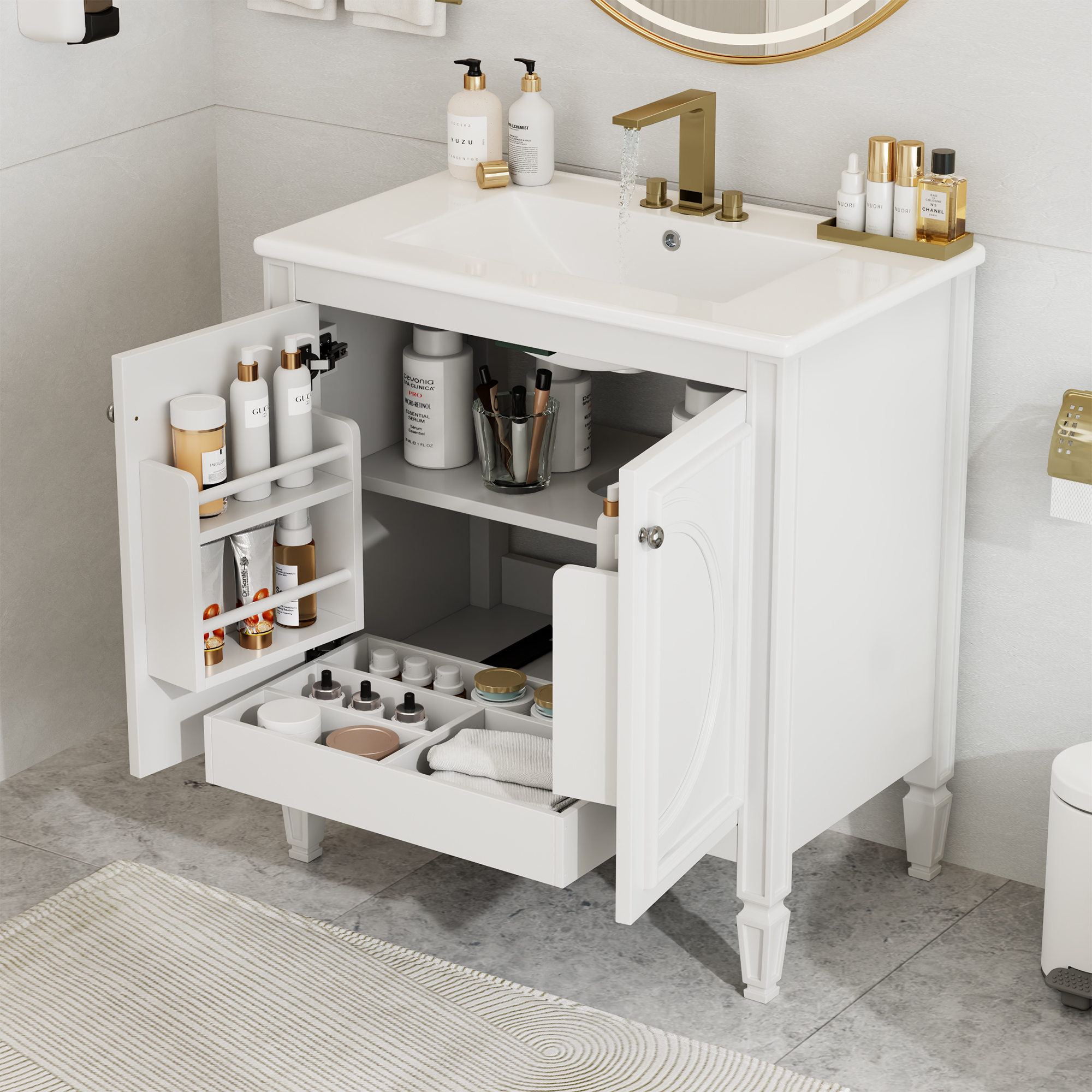 Tocador de baño de 30 pulgadas con lavabo, 2 puertas con estante, cierre suave, blanco.