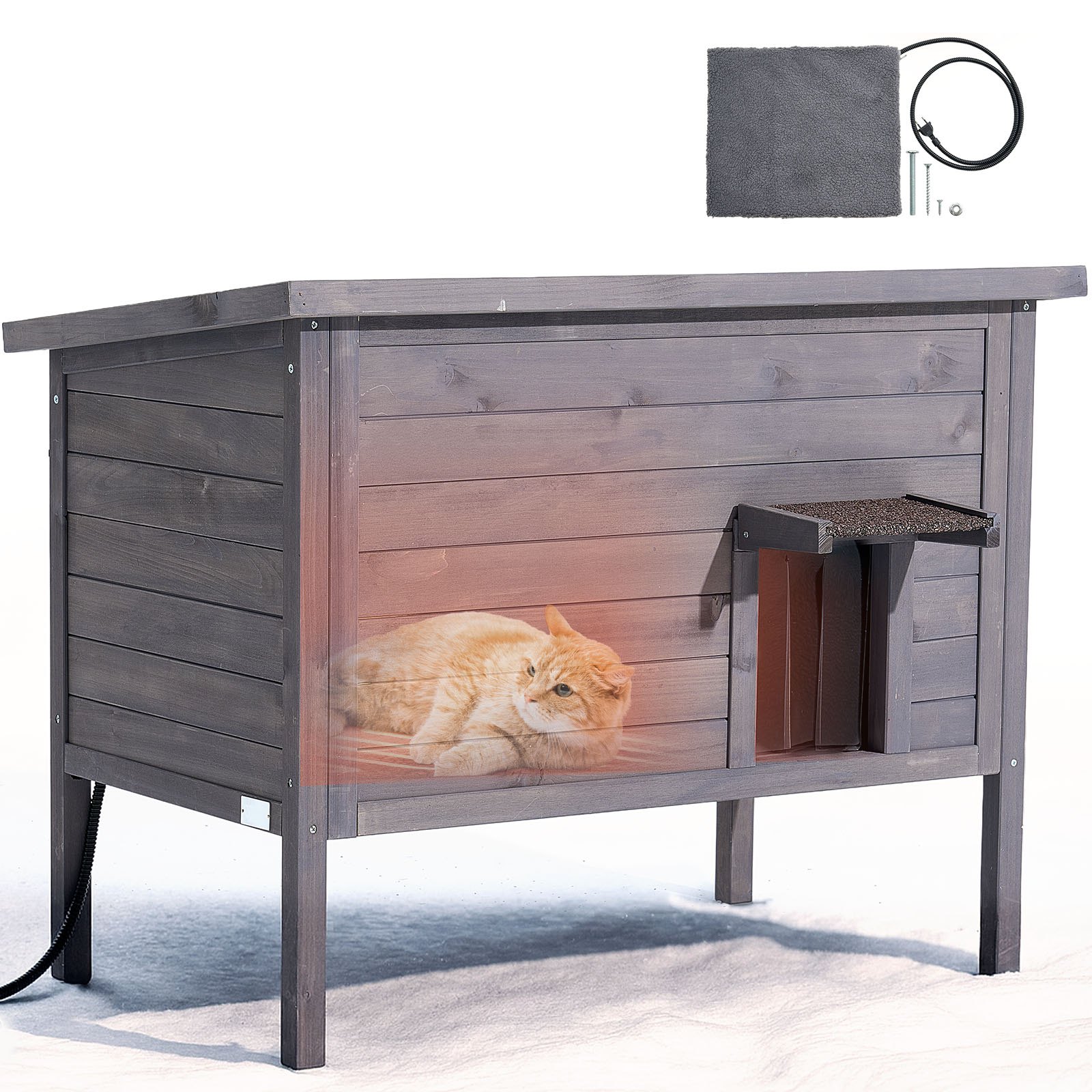 Heated Cat House, Insulated Wooden Cat House For Outdoor Cats, Waterproof Feral Kitty Shelter With Heating Pad, PVC Flap Door & Openable Asphalt Roof For 1-3 Cats In Winter, 34 X 21 X 27 In