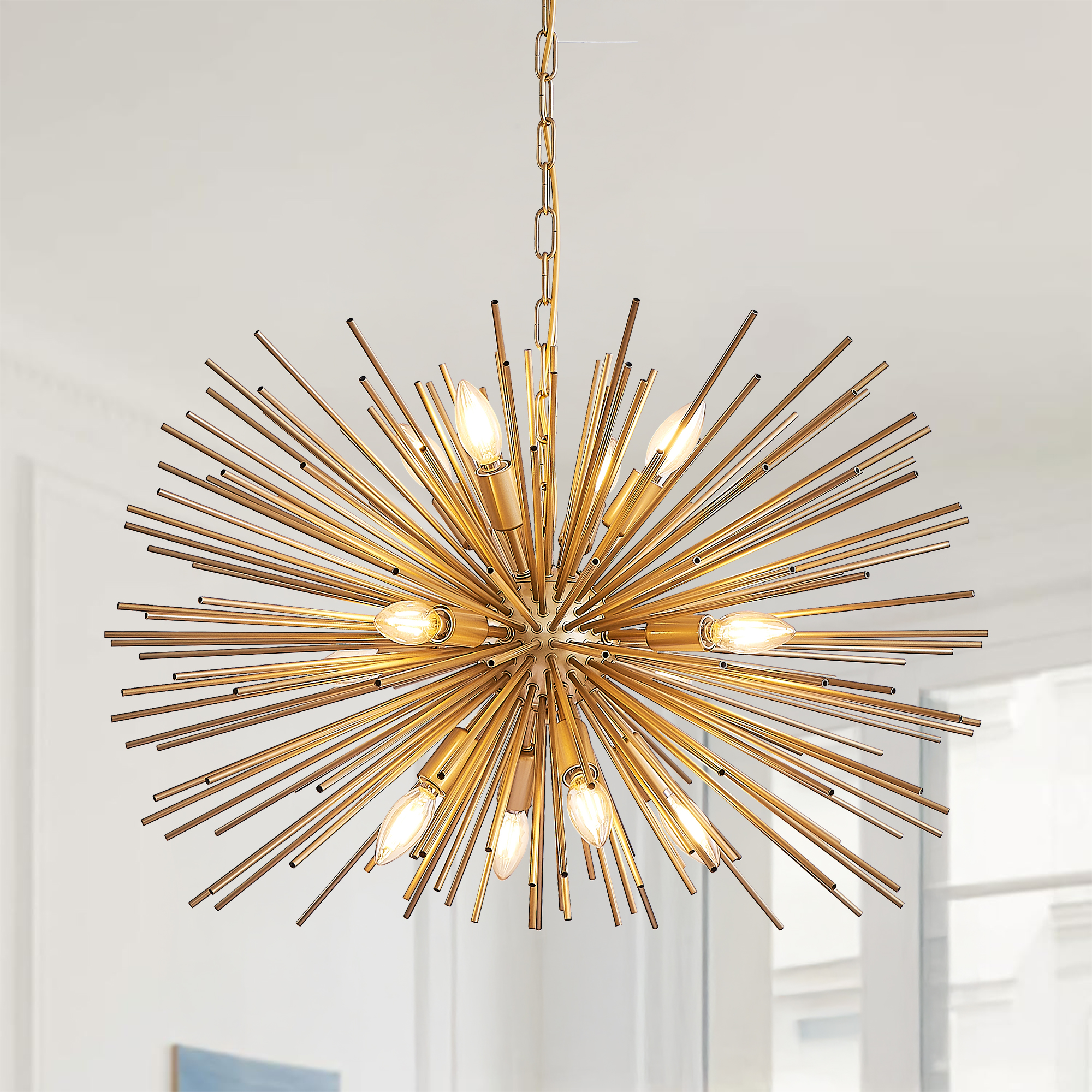 Lámpara de araña Sputnik moderna de 12 luces, dorada, para sala, comedor o vestíbulo.