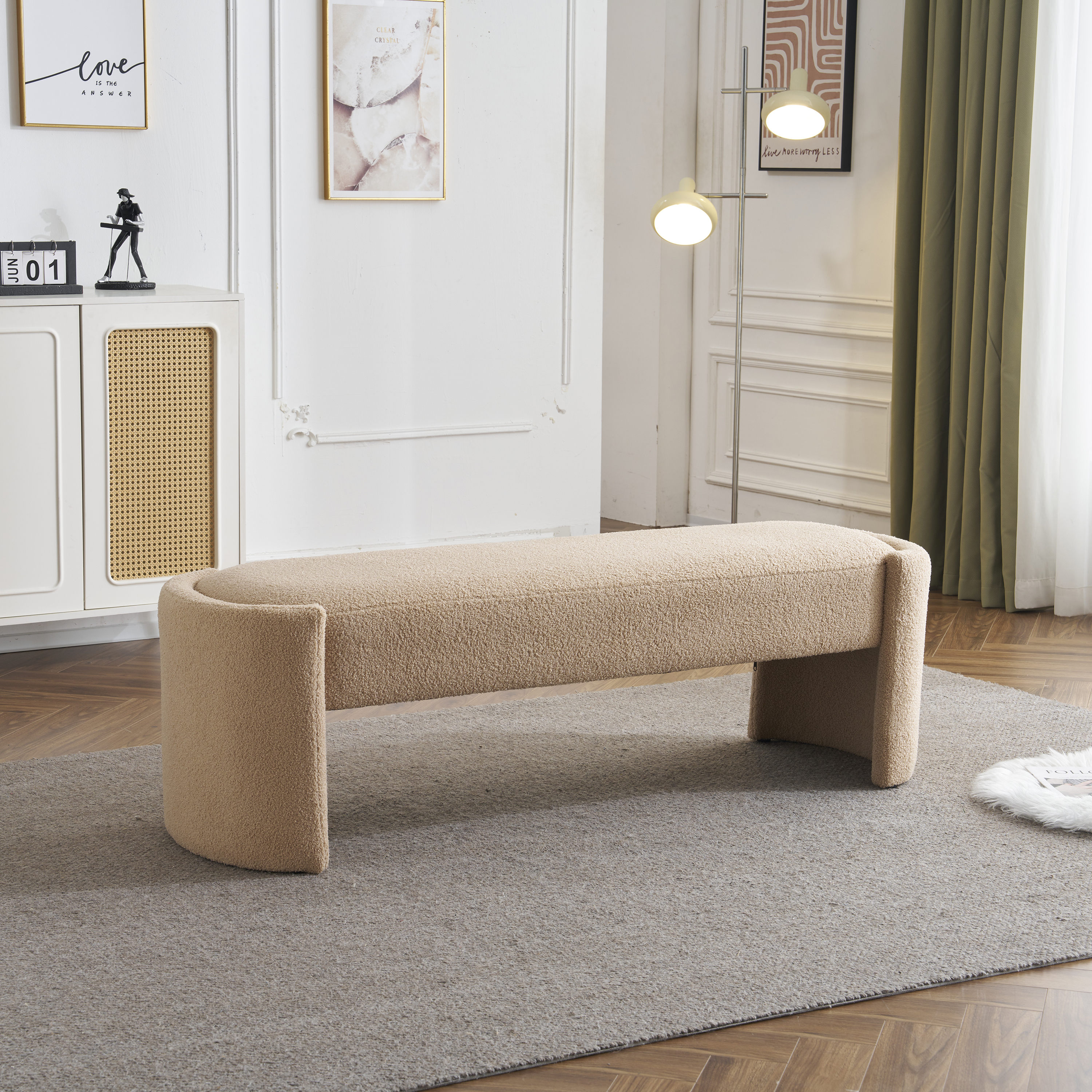 Banco puf alargado, elegante y sencillo, color Camel claro