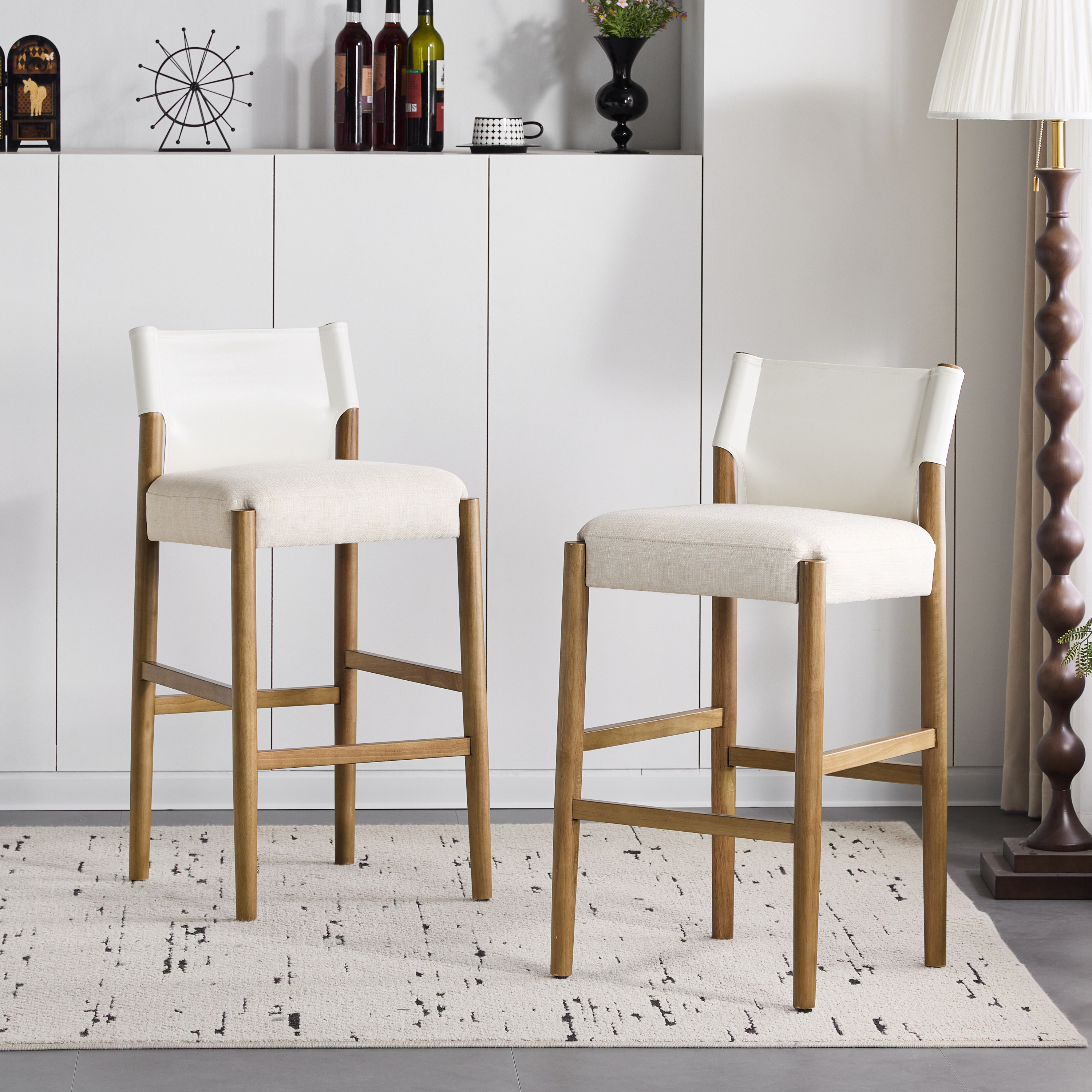 28.5, Modern Solid Wood Bar Stool With Polyester Cushion - Minimalist Kitchen Island Stool For Breakfast Nook & Home Bar  Neutral Tone Design , Set Of 2