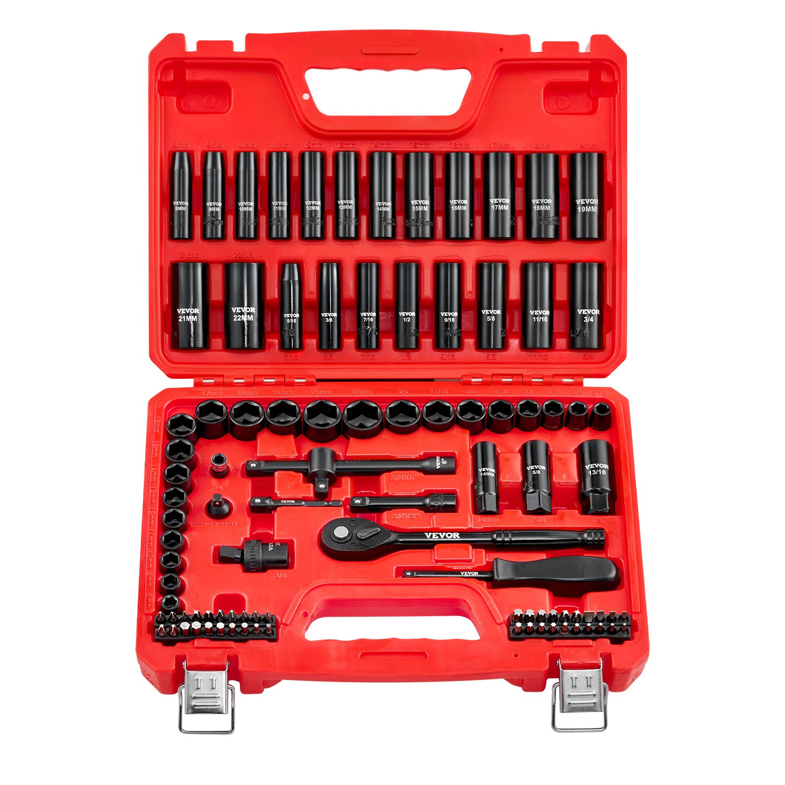3/8 In Drive Impact Socket Set, 96 Piece, 6 Point Deep & Shallow Impact Sockets, SAE (5/16 In To 3/4 In) And Metric (8 To 22 Mm) Sizes With 3 In & 6 In Extension Bars, Cr-V Steel, Carrying Case