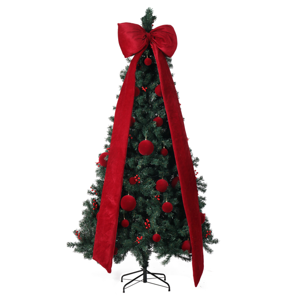 Árbol de Navidad artificial verde oscuro de 7.5 pies, 300 luces LED, lazo y esferas rojas