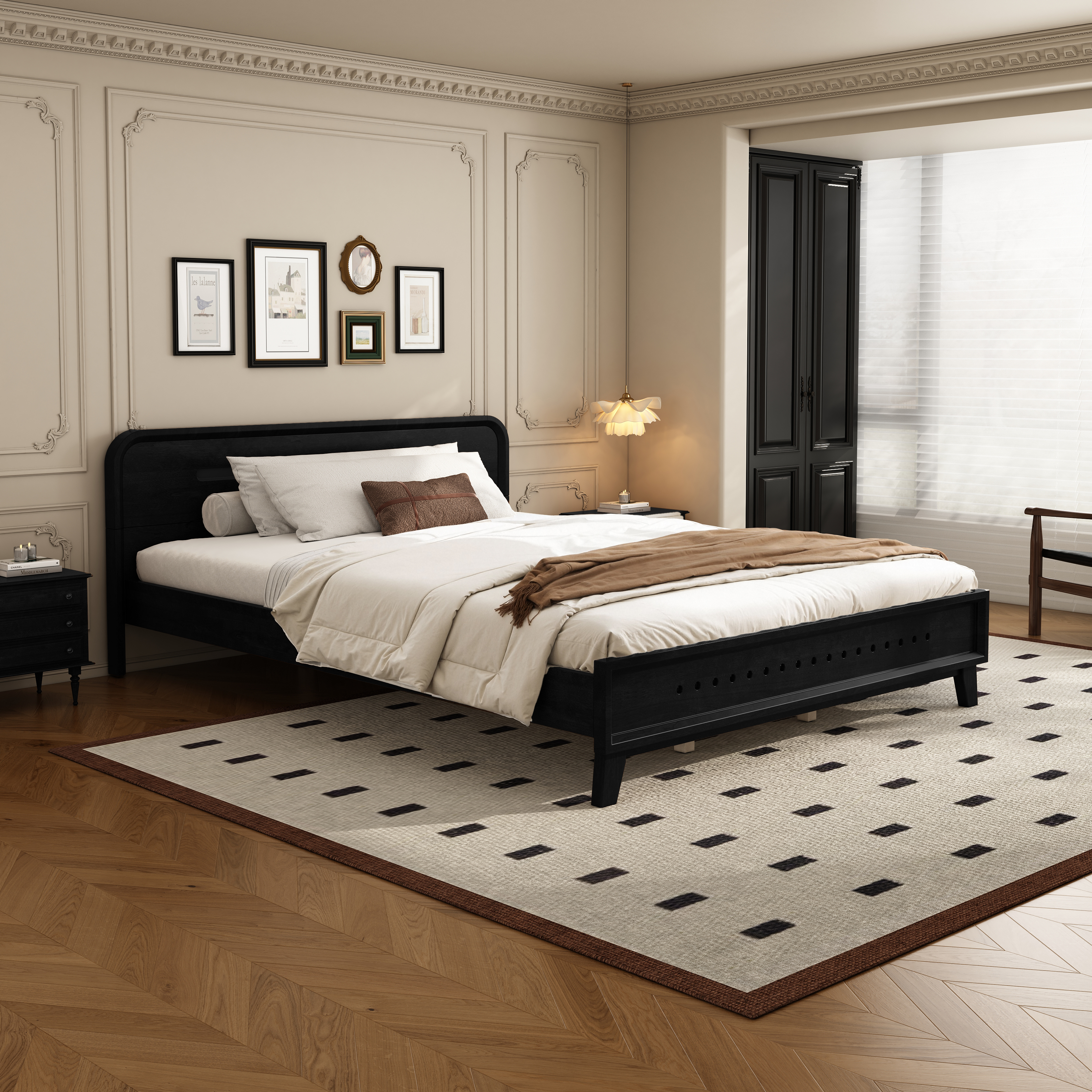PINE SOLID WOOD QUEEN SIZE BED, SOLID AND STABLE, NO BOX SPRING NEEDED, BLACK COLOR