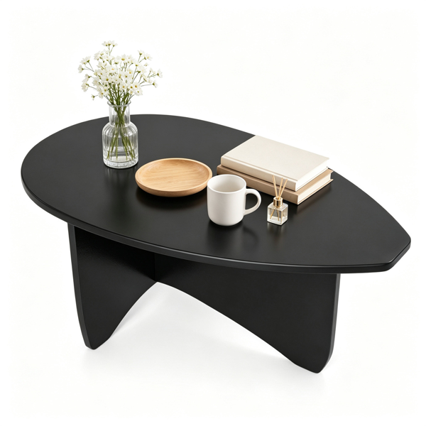 Oval Modern Coffee Table, Engineered Wood Low Accent Table With T Shaped Arched Base, Capacity Easy Assembly Living Room Tea Table For Lounge Office-Black