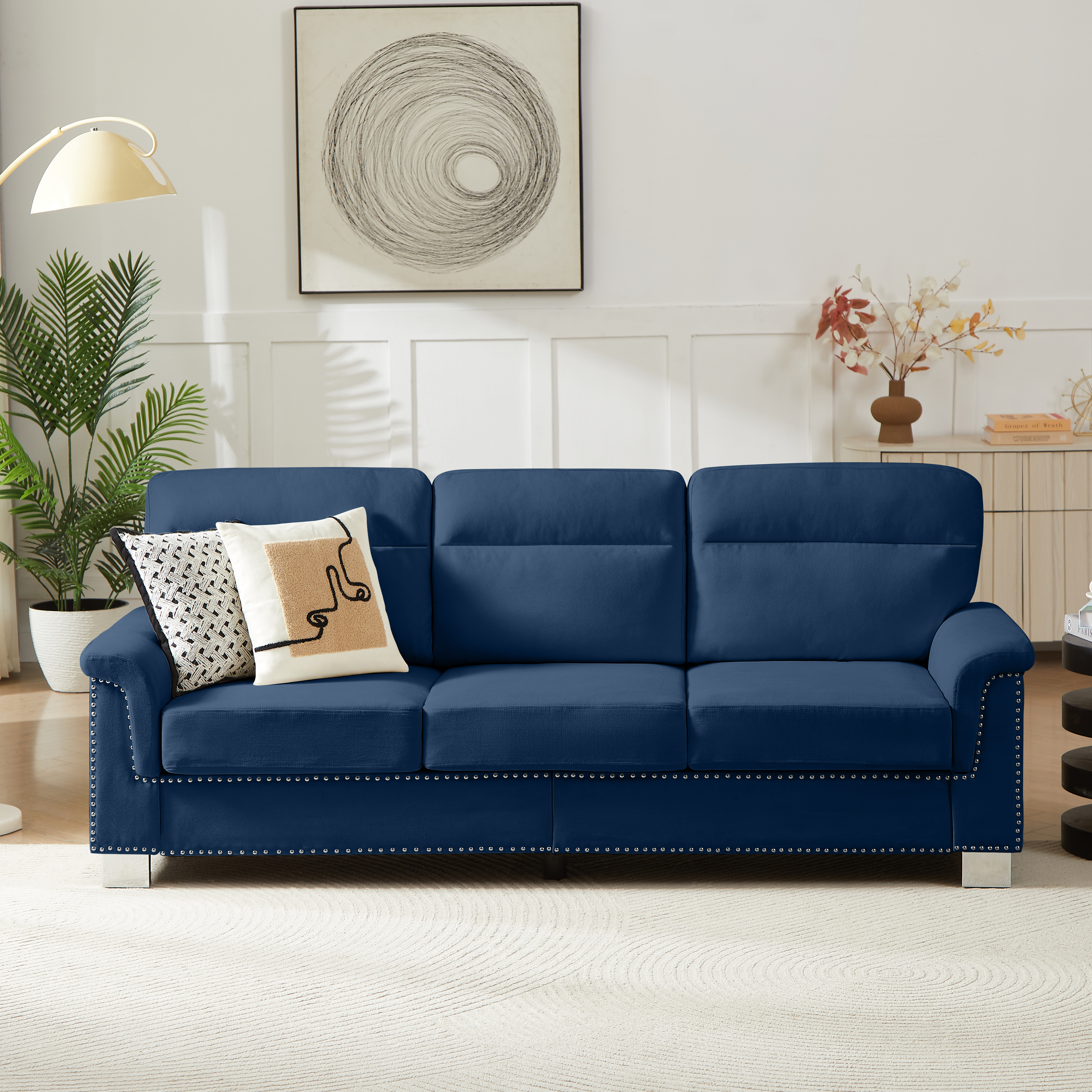 82 Modern Compressed Snowfleece Fabric 3-Seater Sofa, For Living Room, Bedroom, Office & Entertainment Spaces, Blue