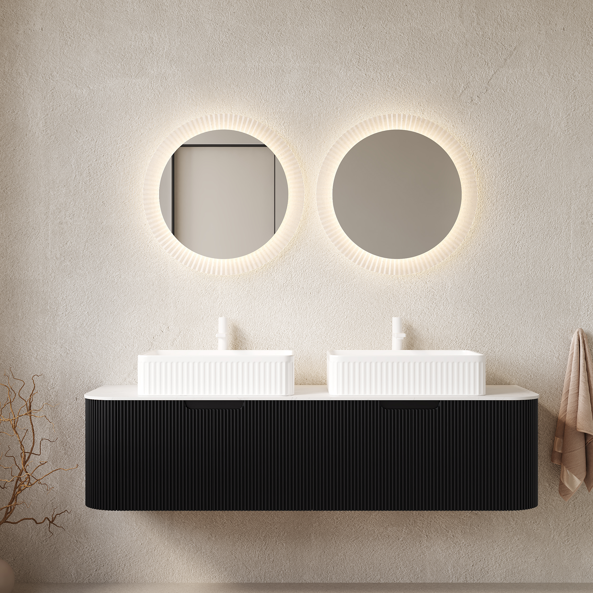 DINA 60 Bathroom Vanity With Sinks, Wall-Mounted Floating Curved Edges Striped Bathroom Storage Cabinet With 2 Drawers, 2 White Rectangular Ceramic Basins, No Faucet, Pre-assembled, Black Color