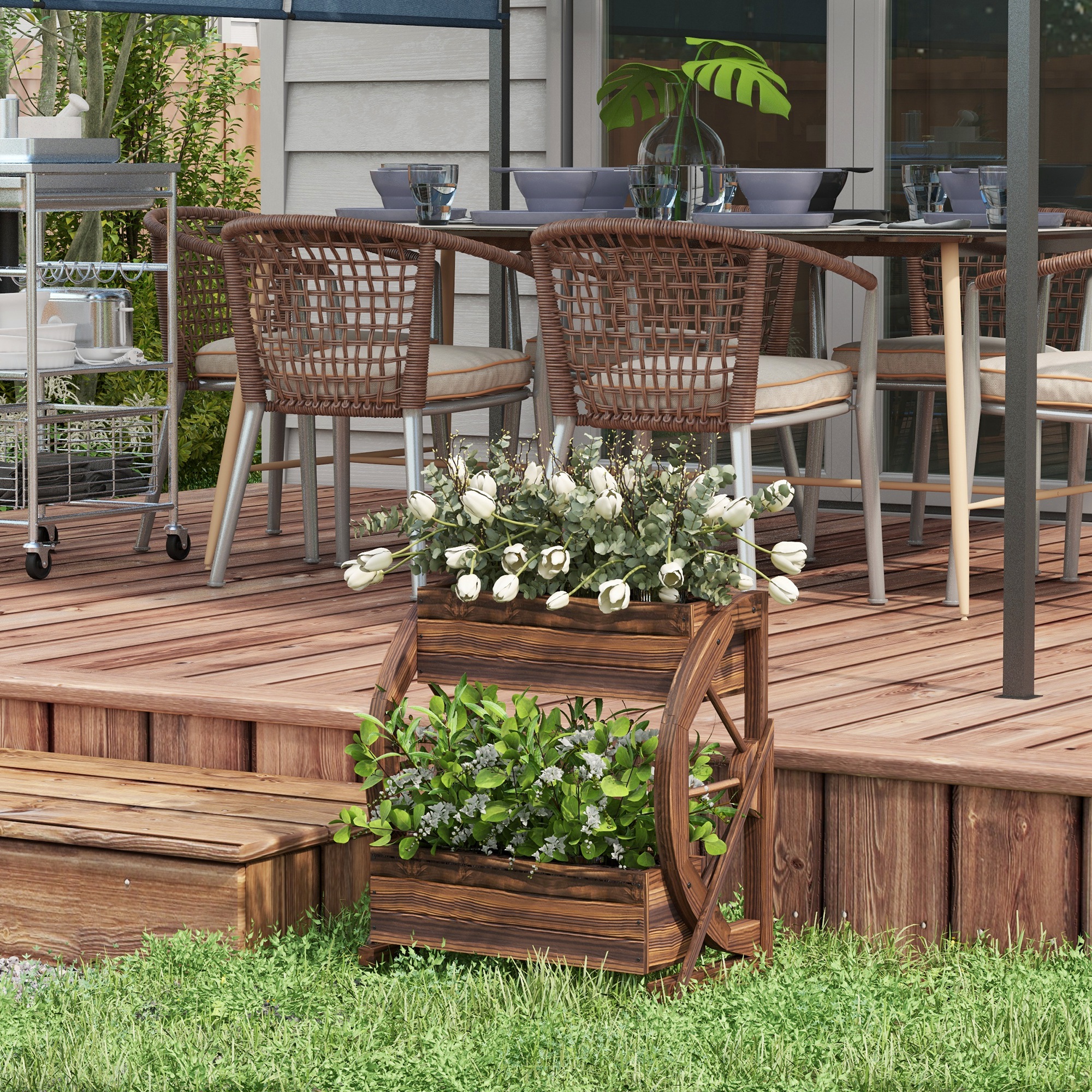 Macetero de madera tipo carreta, bancal elevado de 2 niveles, 22x13x22 pulgadas
