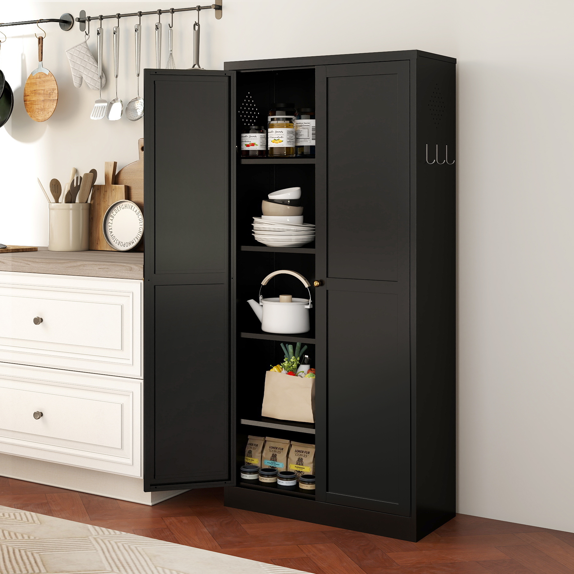 Gabinete de despensa de metal negro de 61 pulgadas, 4 estantes, 110 libras