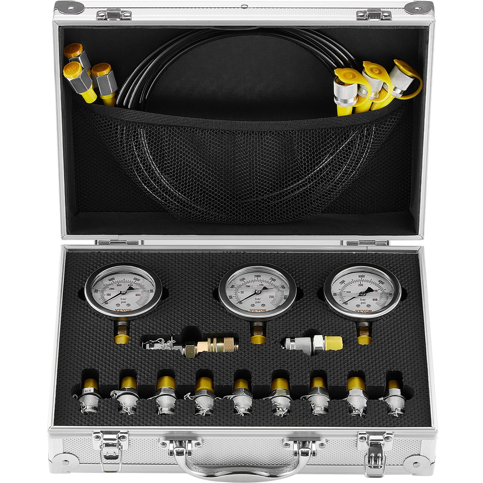 Hydraulic Pressure Test Kit, 250/400/600bar, 3 Gauges 11 Test Couplings 3 Test Hoses, Excavator Hydraulic Test Gauge Set With Portable Carrying Case For Excavator Tractors Construction Machinery
