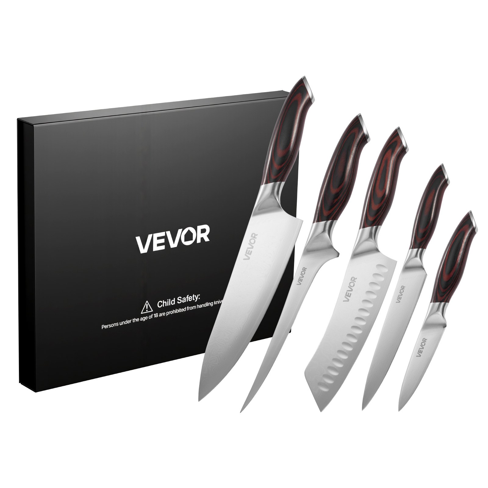 Juego de cuchillos de cocina de 5 piezas, acero inoxidable alto carbono, mango ergonómico.