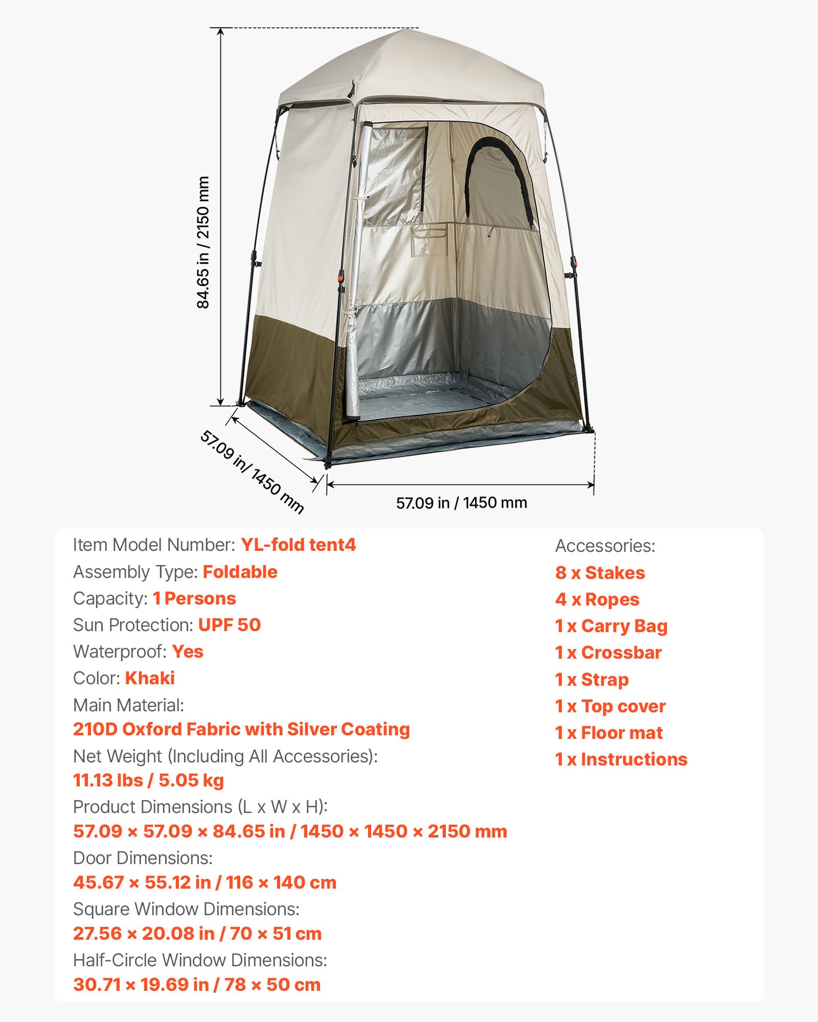 Tienda de Ducha para Camping, 1 habitación, plegable, tela Oxford 210D, recubrimiento plata.