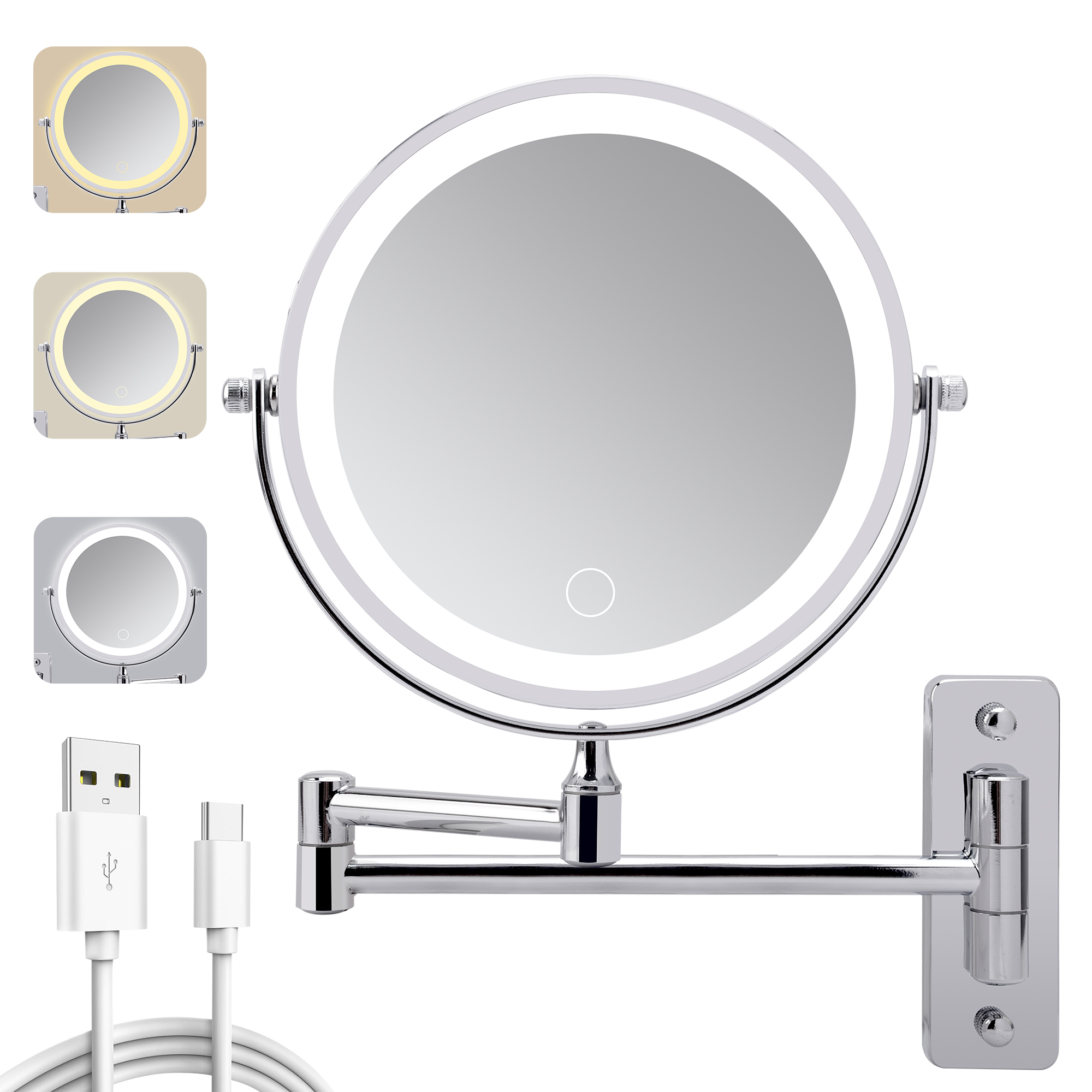 Espejo de maquillaje de pared con luz, recargable, doble cara 1X/10X, 3 colores.
