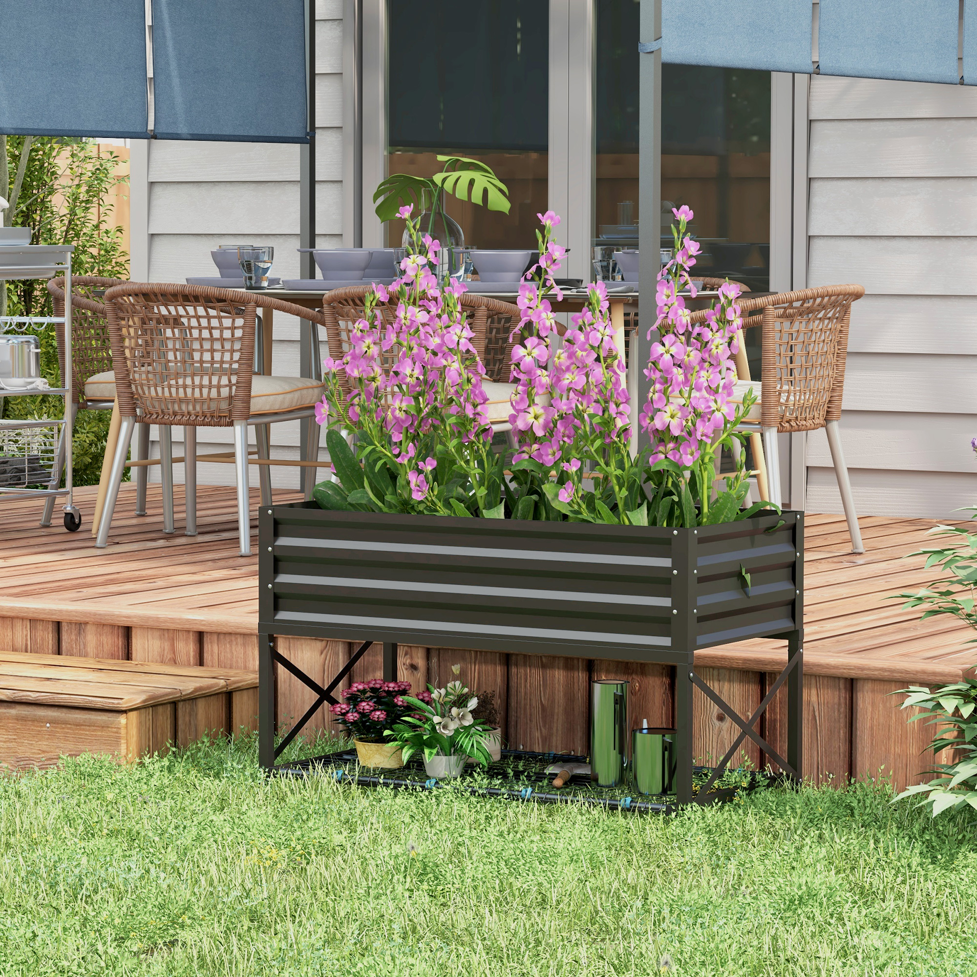Jardinera elevada galvanizada de metal con patas, estante de almacenamiento y forro, Negra