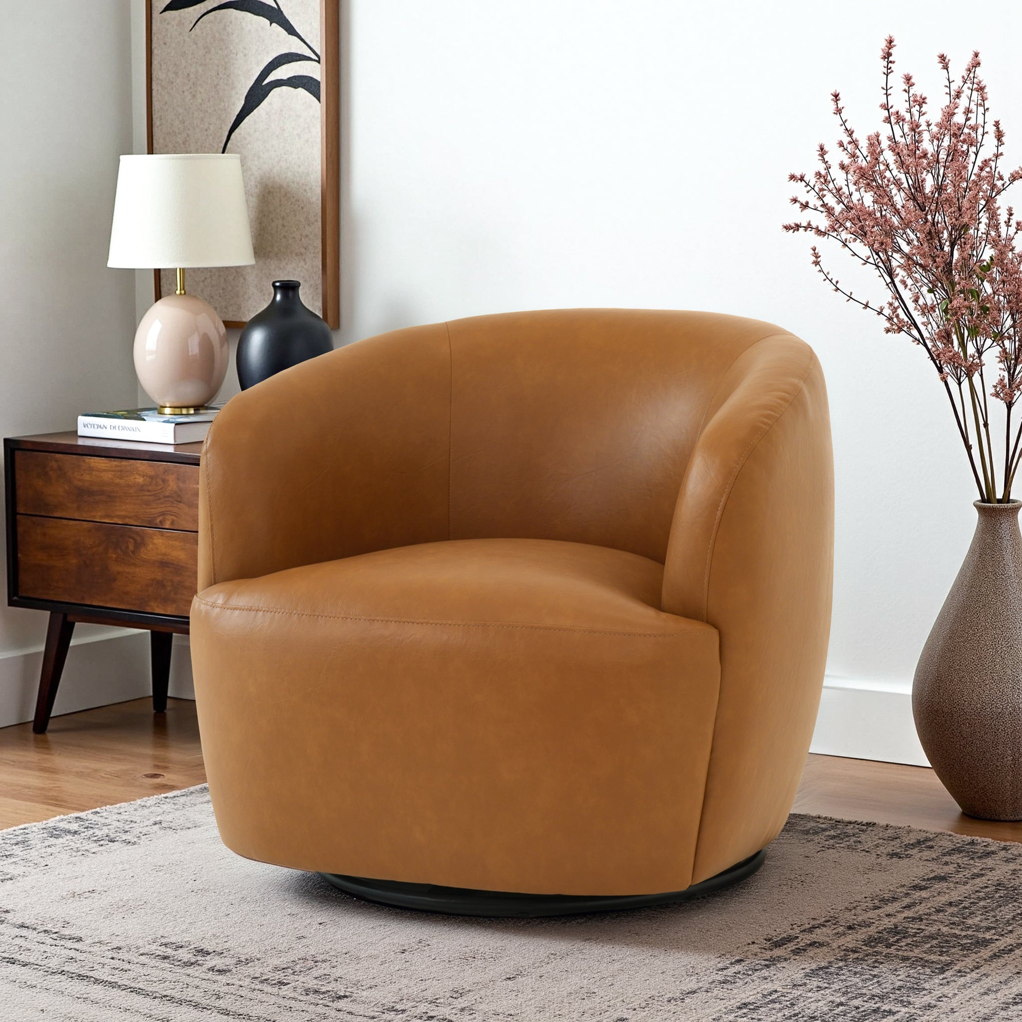 Mina 32   W Tan Vegan Leather Upholstered Swivel Barrel Chair