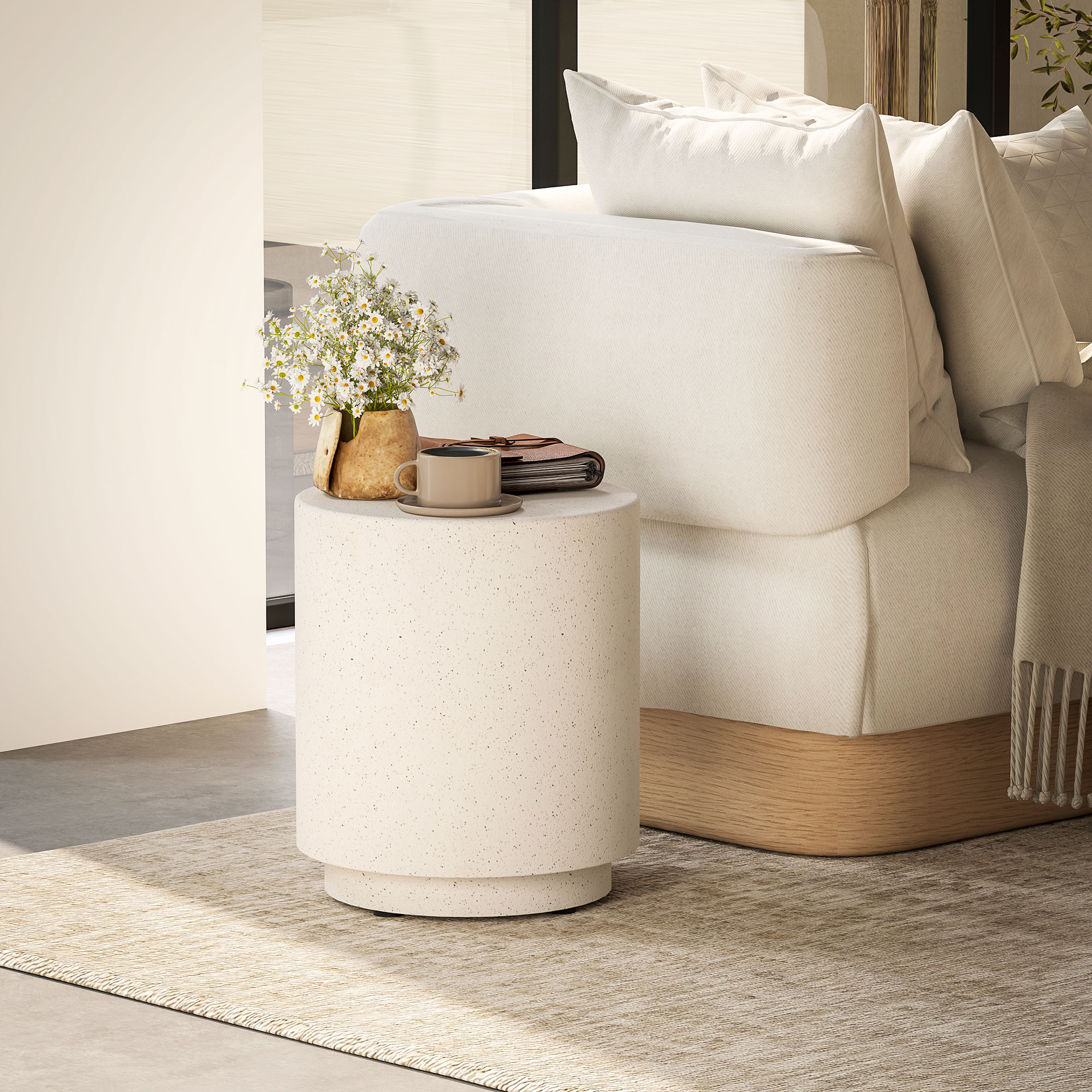 Lightweight Accent Table with Concrete Finish Round Side Table, Cream White