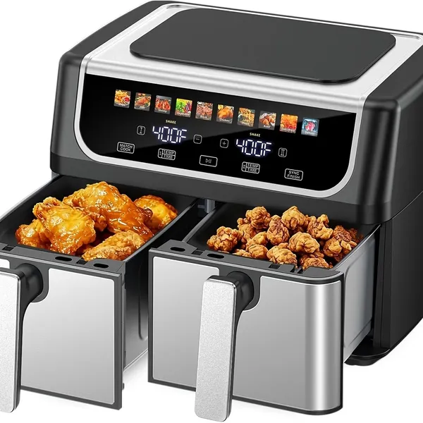 9.5 Quart Large Dual Basket Air Fryer With Double Basket, Independent Temp Control & Sync Mode, 10 Presets - Bake&Broil&Defrost&Dehydrate, Shake Reminder System, Compatible For Plug For Appliance