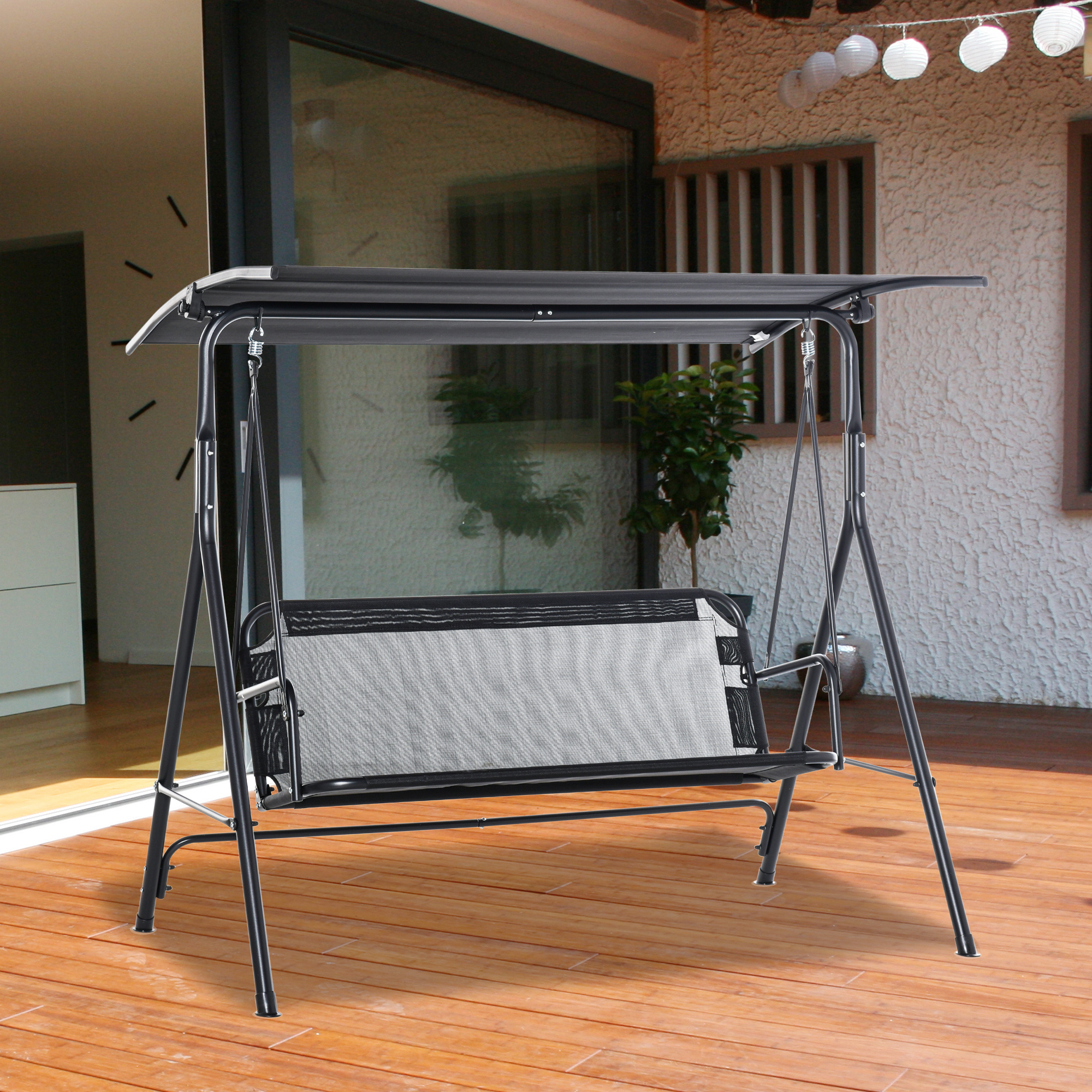 Columpio de patio de 2 asientos, exterior, con toldo ajustable, tela Texeline, negro