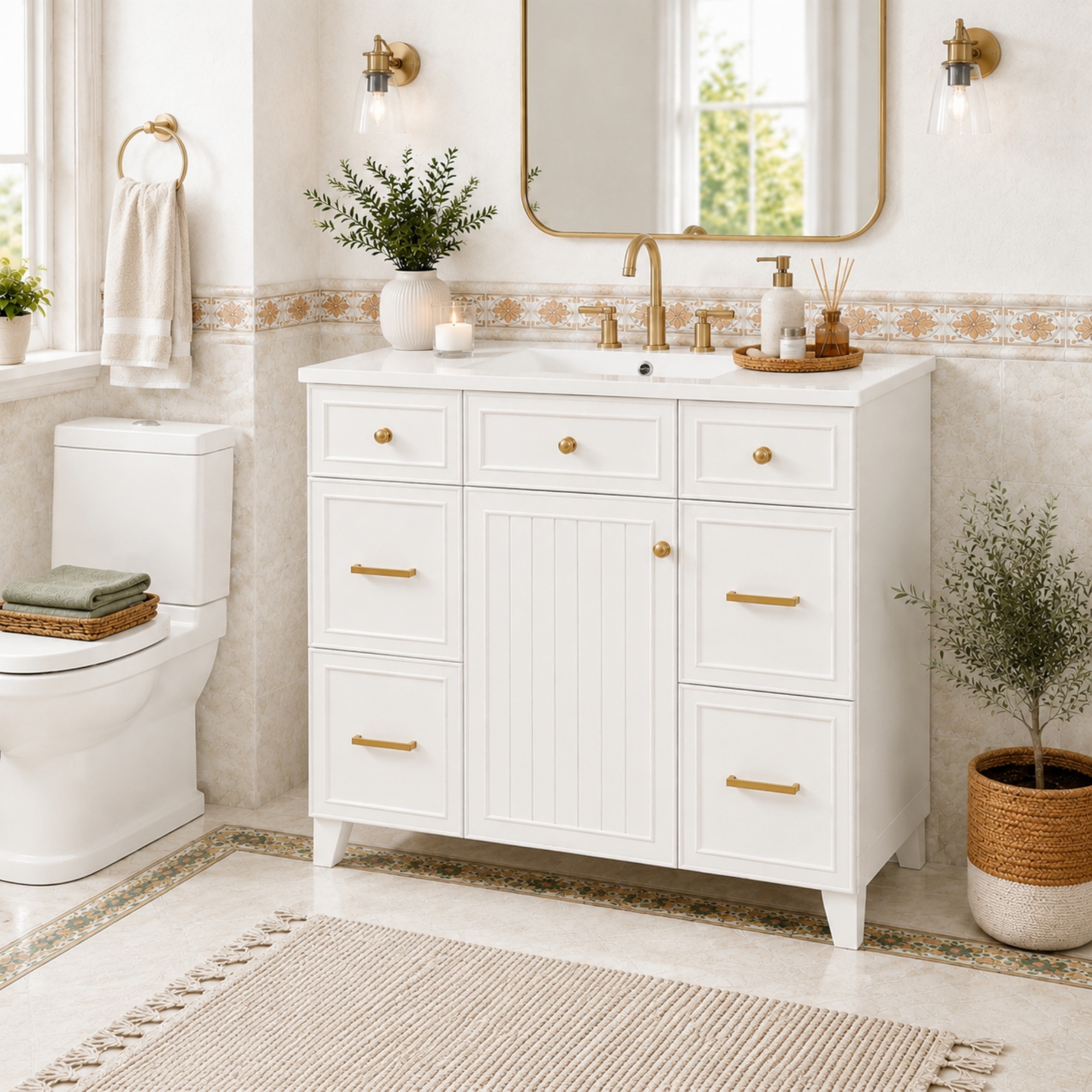 36" Bathroom Vanity with Ceramic Sink, White, Solid Wood Frame, Soft Close Doors, Adjustable Shelves, 3 Drawers ,Including Double-Depth Drawer for Hairdryer Storage(Old sku:N729P255663K)