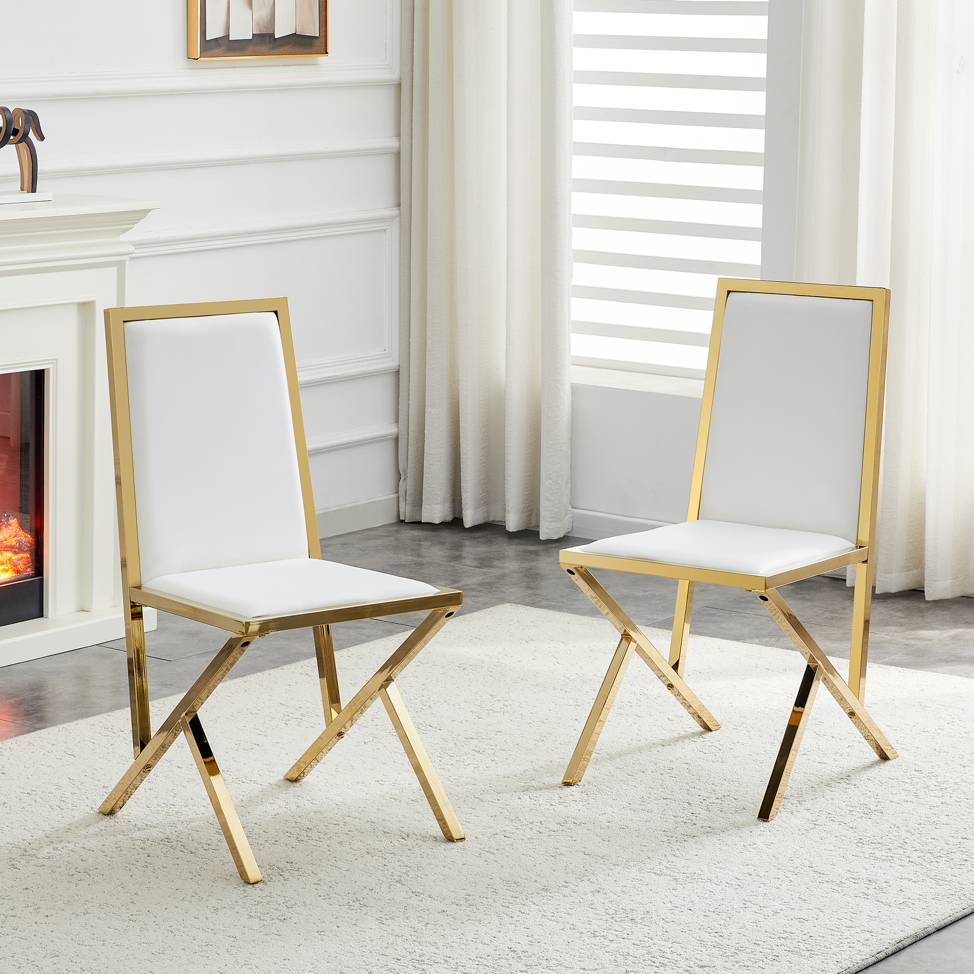 Sillas de comedor (2-pack) con marco de metal dorado y PU blanco, diseño ergonómico.