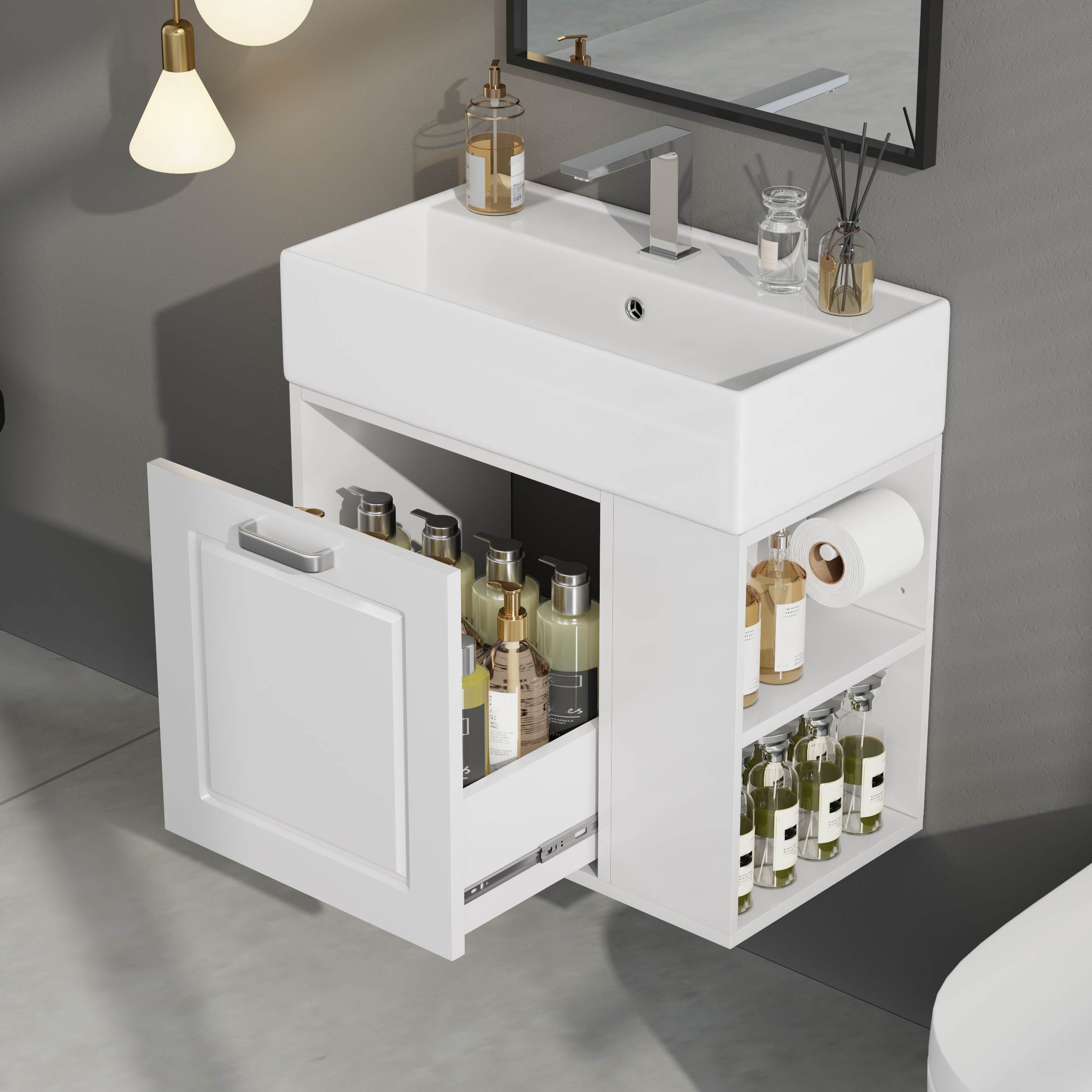 Tocador de baño 21.8 pulgadas, con lavabo, flotante, cajón grande, cierre suave, blanco