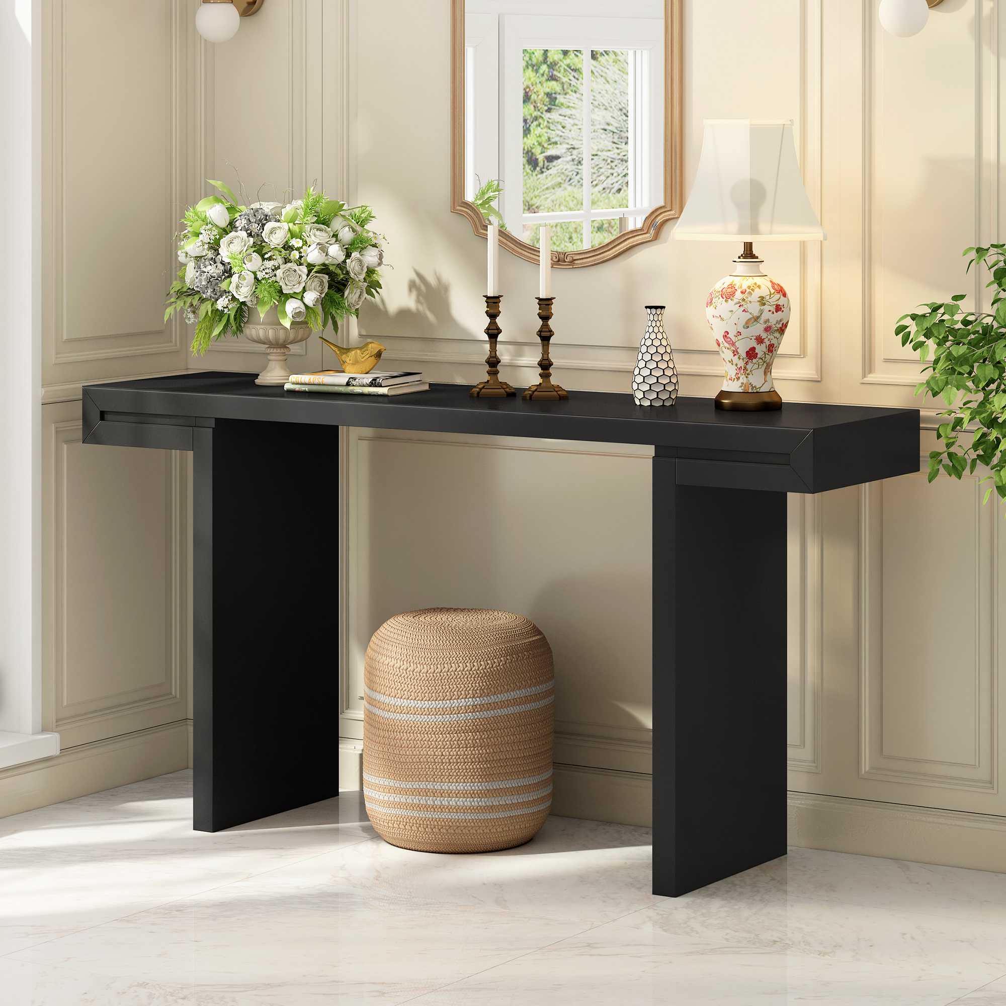 Mesa consola estilo U grande de 60 pulgadas con diseño geométrico y patas ajustables