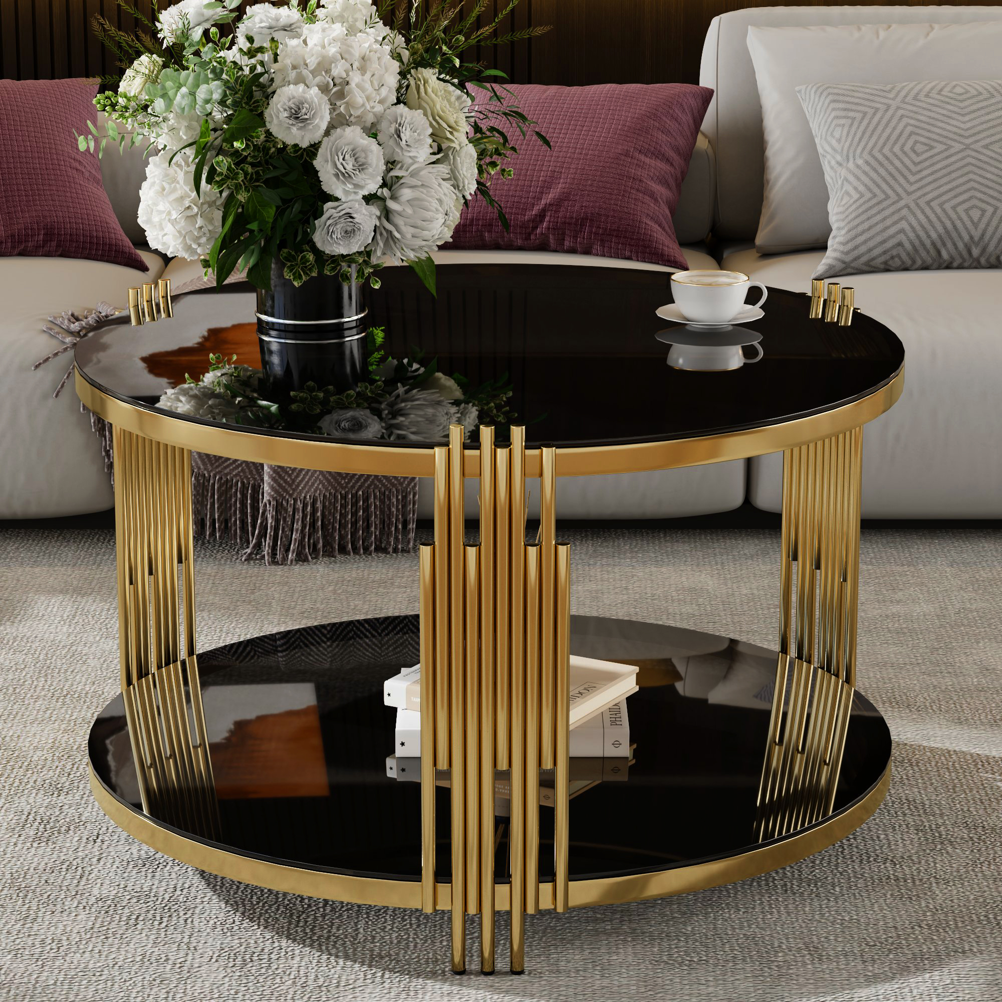 Mesa de centro moderna con espejo negro, base de metal circular y estante inferior.
