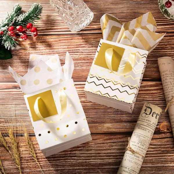 12 Pcs Small Gift Bags Mini Metallic Paper Bag Bulk Tiny With Handle Tissue Paper For Wrap Christmas Thanksgiving Halloween Birthday Party Favor Supply(4 X 2.75 X 4.5 Inch,White Gold)