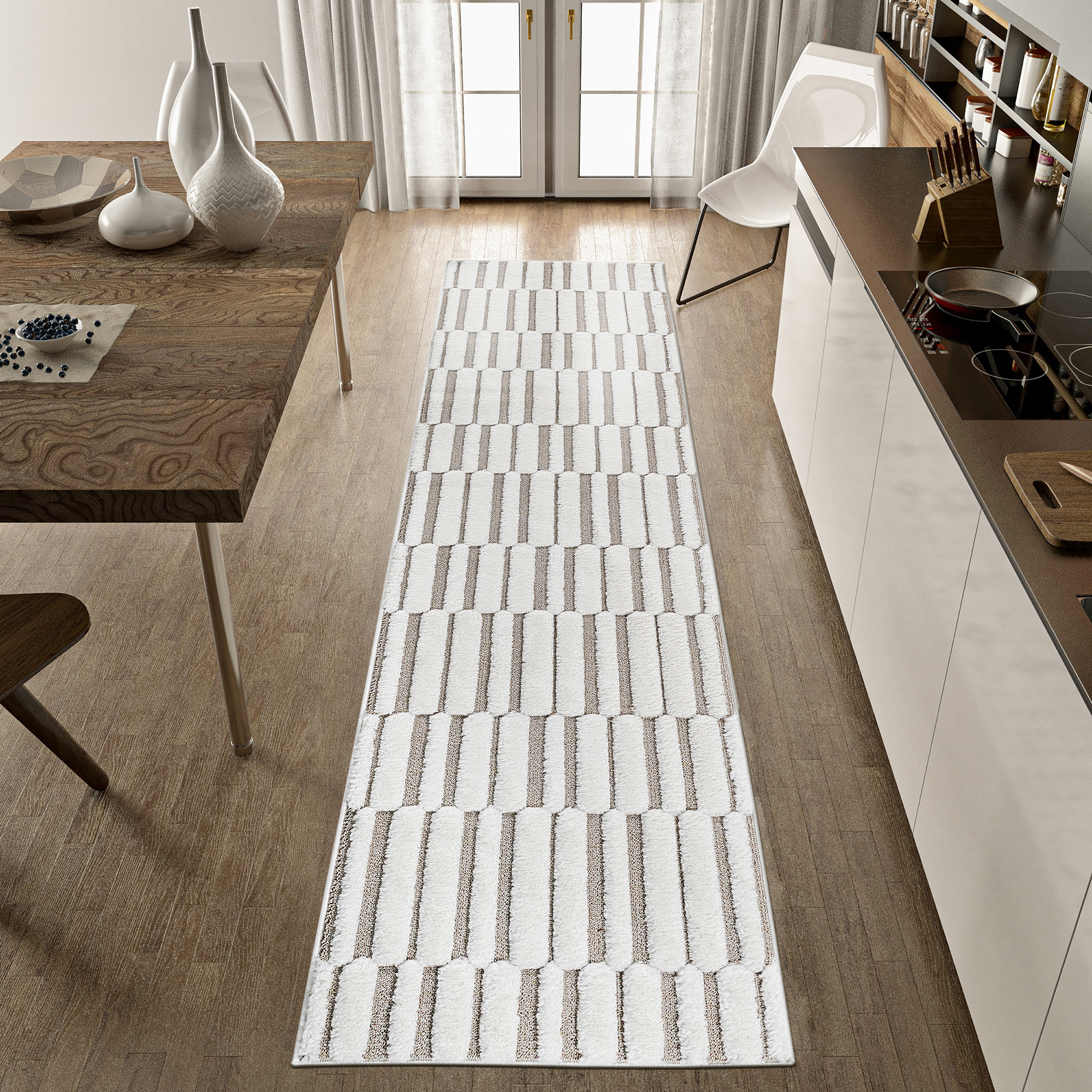 Alfombra de pasillo Step Collection a rayas beige crema, 66x244 cm, sin desprendimiento