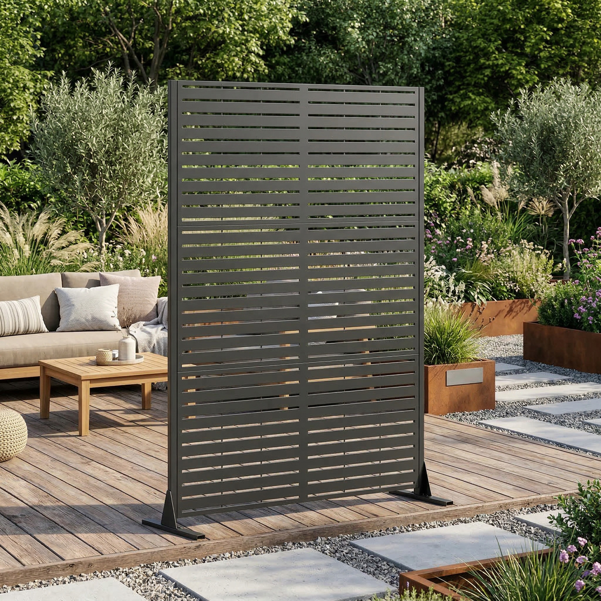 Metal Privacy Screen For Outdoor Freestanding, 72  H X 46  W Decorative Metal Fence Panels With Stable Base, Portable Divider Screens For Patio, Deck, Balcony, Backyard, Garden