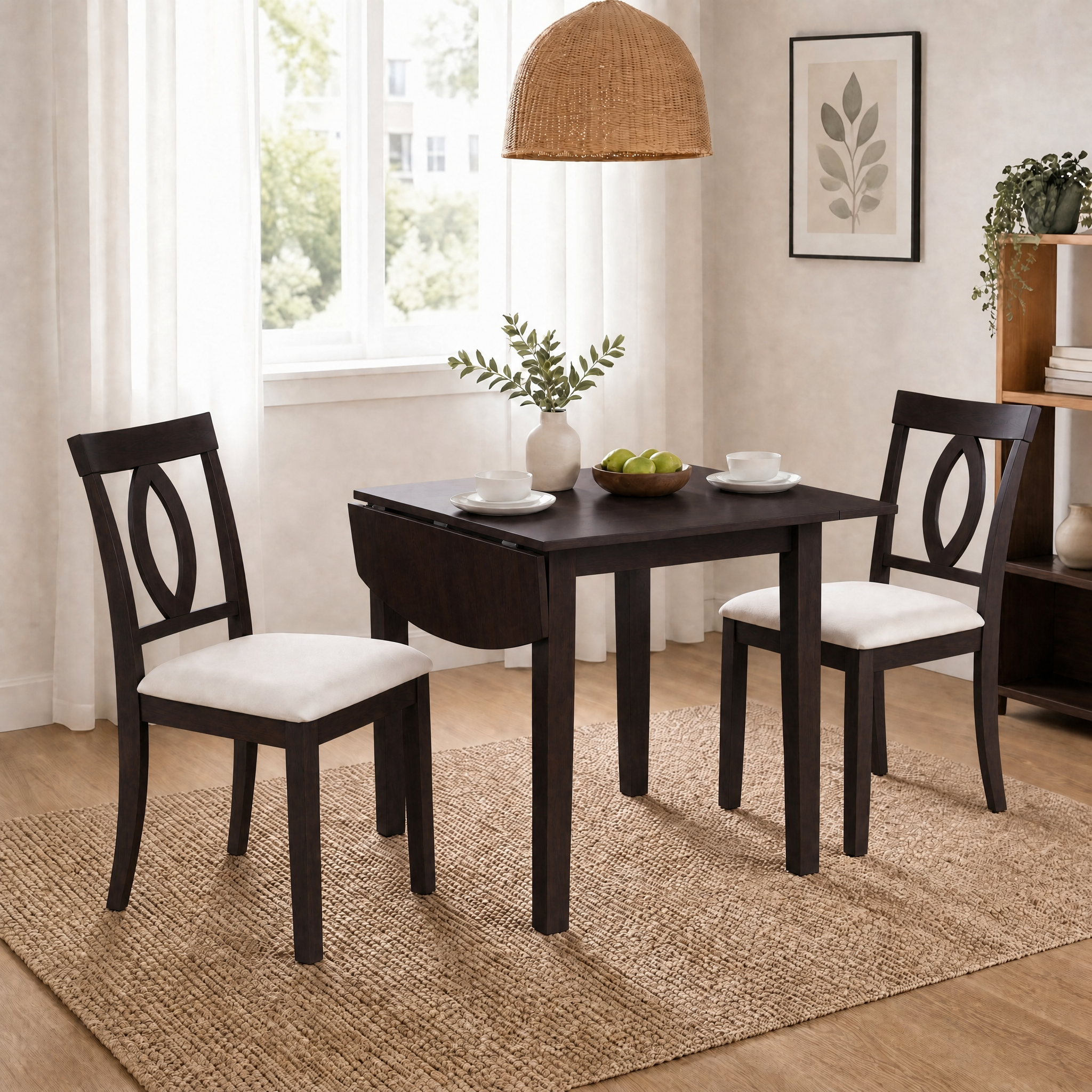 Juego de comedor de 3 piezas: mesa plegable de madera y 2 sillas tapizadas, marrón.