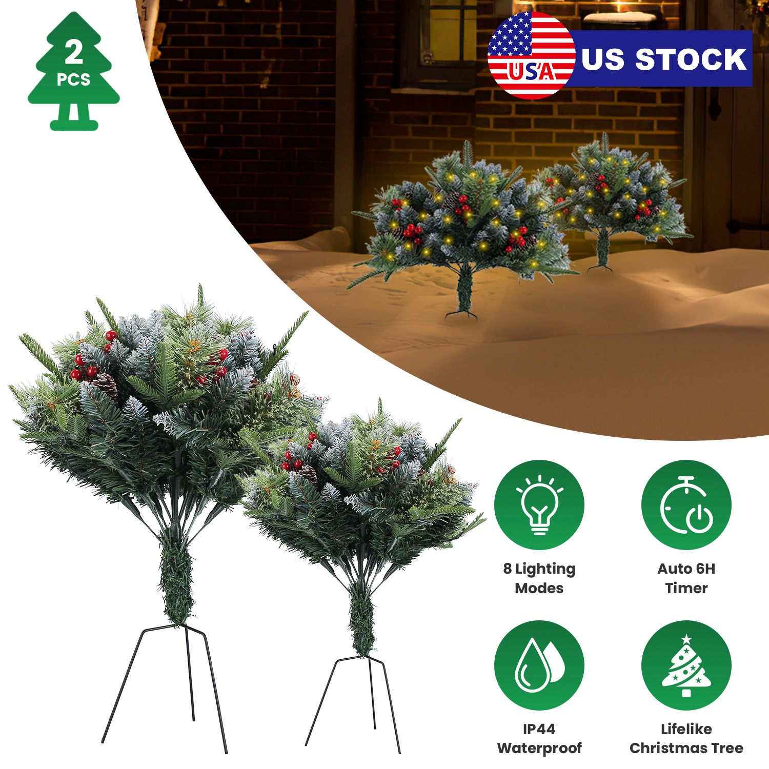 2Pcs Christmas Tree Urn Filler With Light Artificial Lighted Xmas Trees Light With Cones Berries Holiday Planter Filler LED Pathway Pine Tree IP44 Waterproof With Tripod Stake 50 Beads