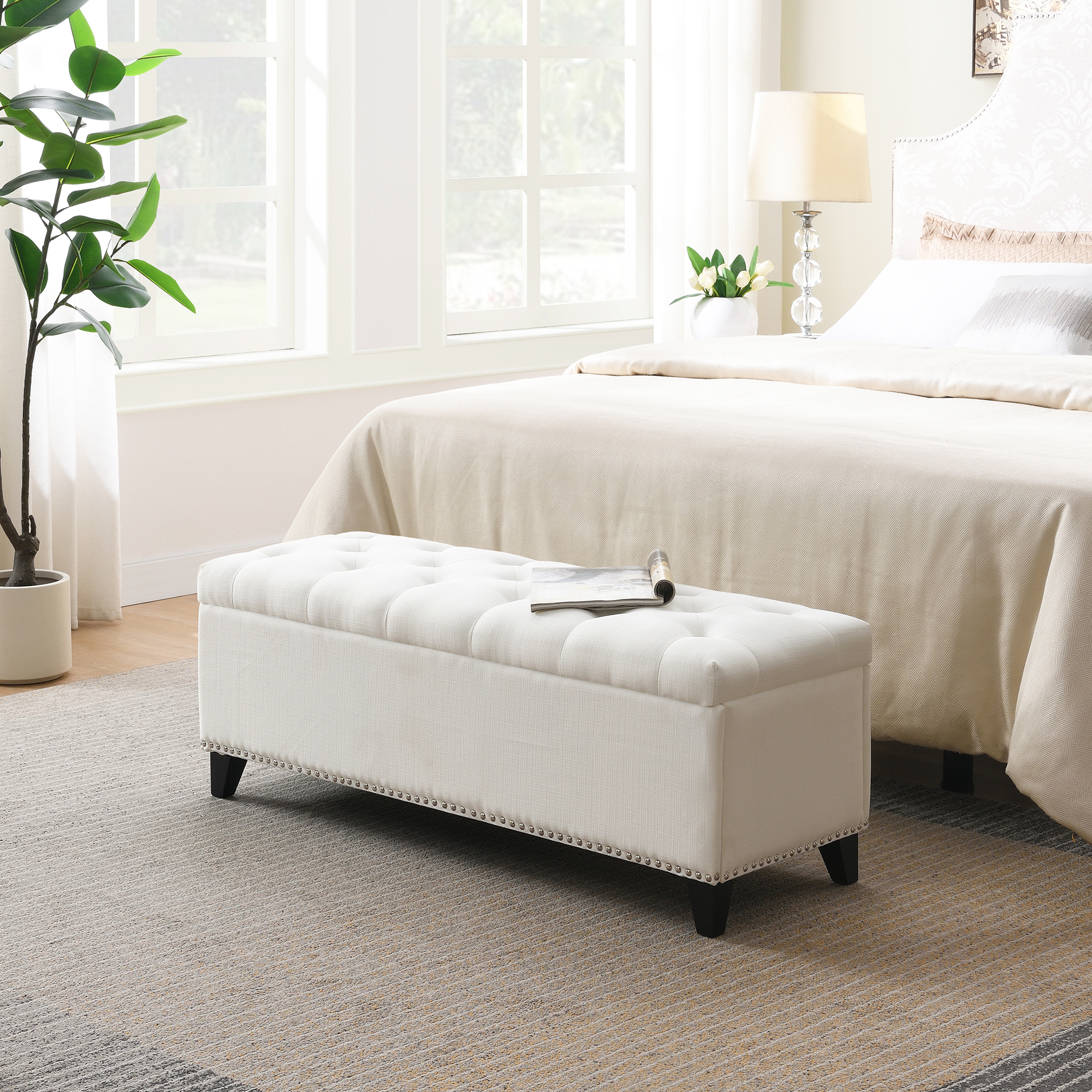 47.5  Storage Ottoman, Storage Bench With Safety Close Hinge, Linen Button-Tufted Ottoman For Living Room, Entryway, Hallway, Foot Rest, Support 500lbs - Beige