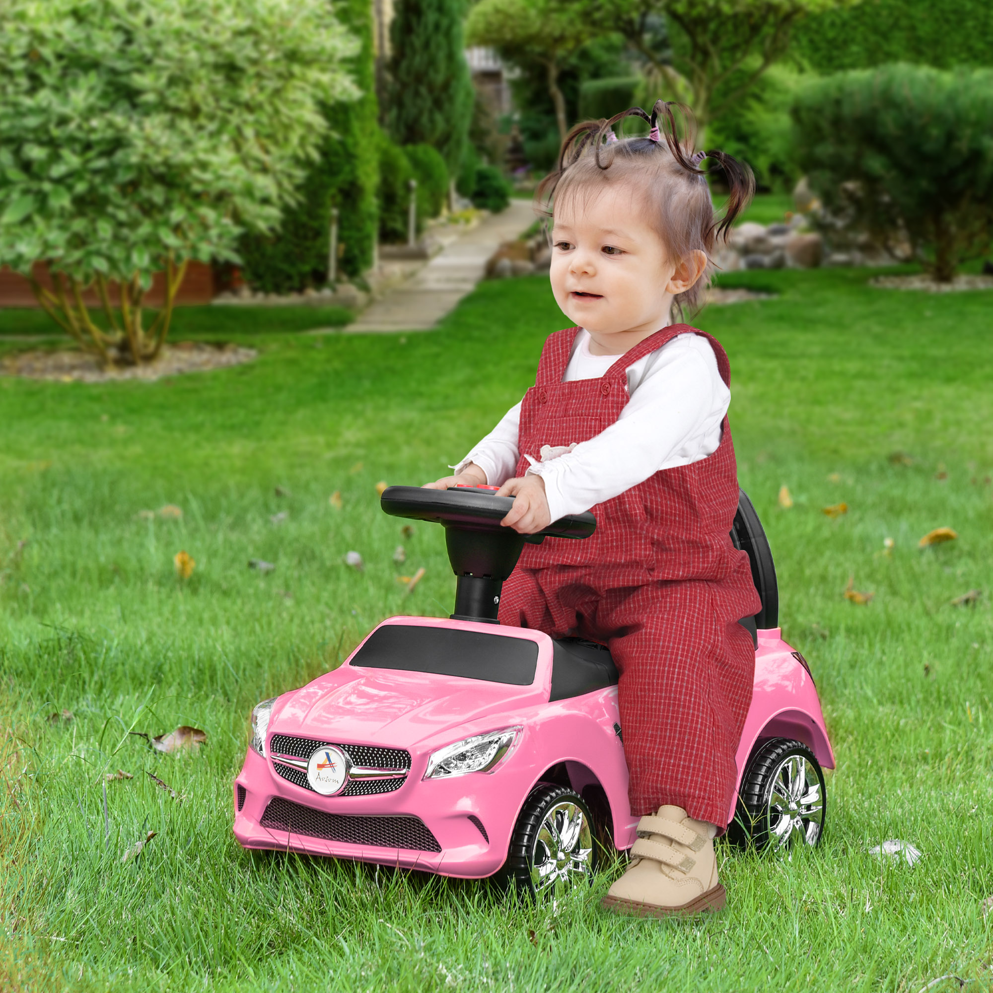 Coche correpasillos para niños rosa, con bocina, música, faros y almacenamiento