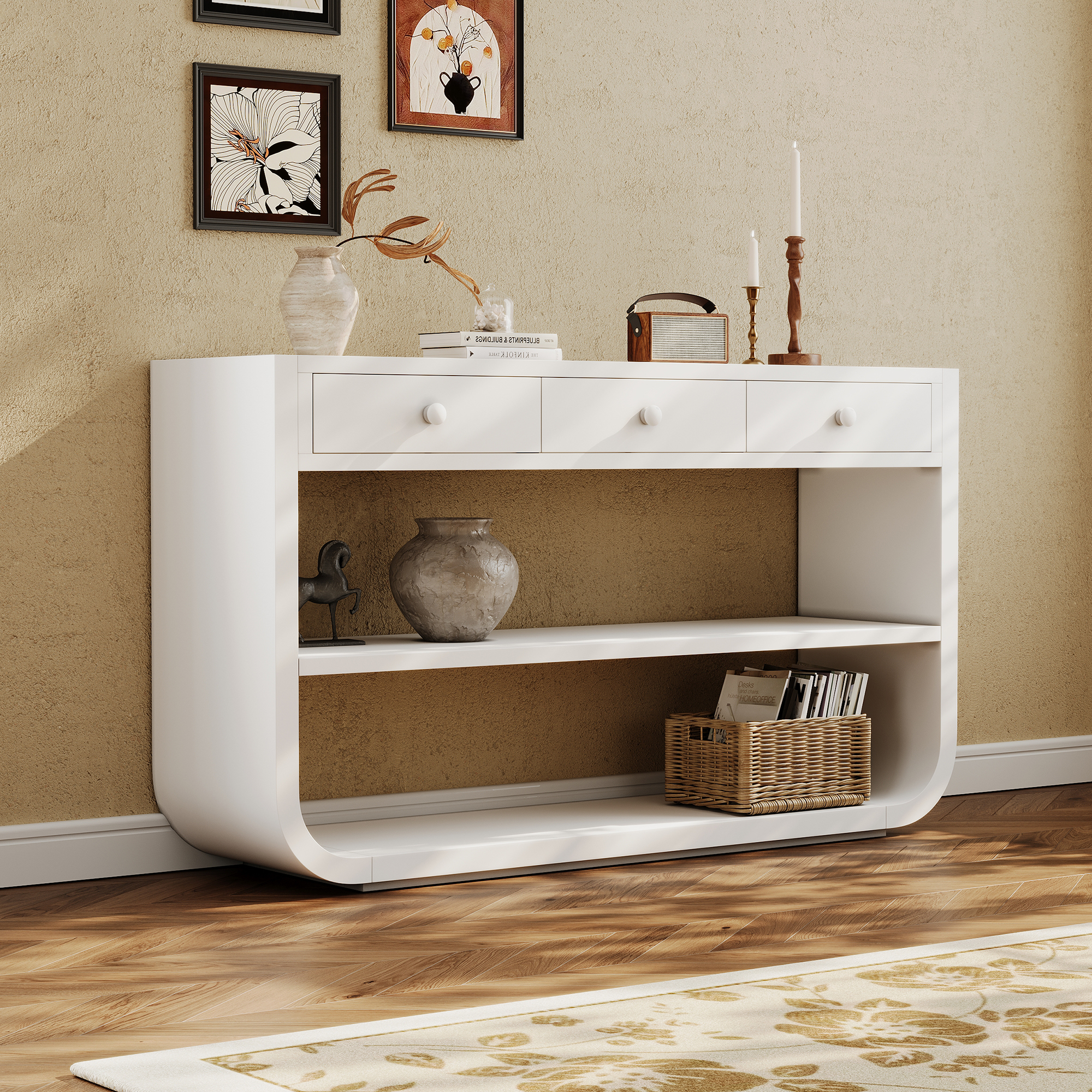 Video  Modern Curved Console Table With 3 Soft-Close Drawers & 2 Open Shelves, Solid Wood Base, Entryway Table For Living Room Hallway Study, White