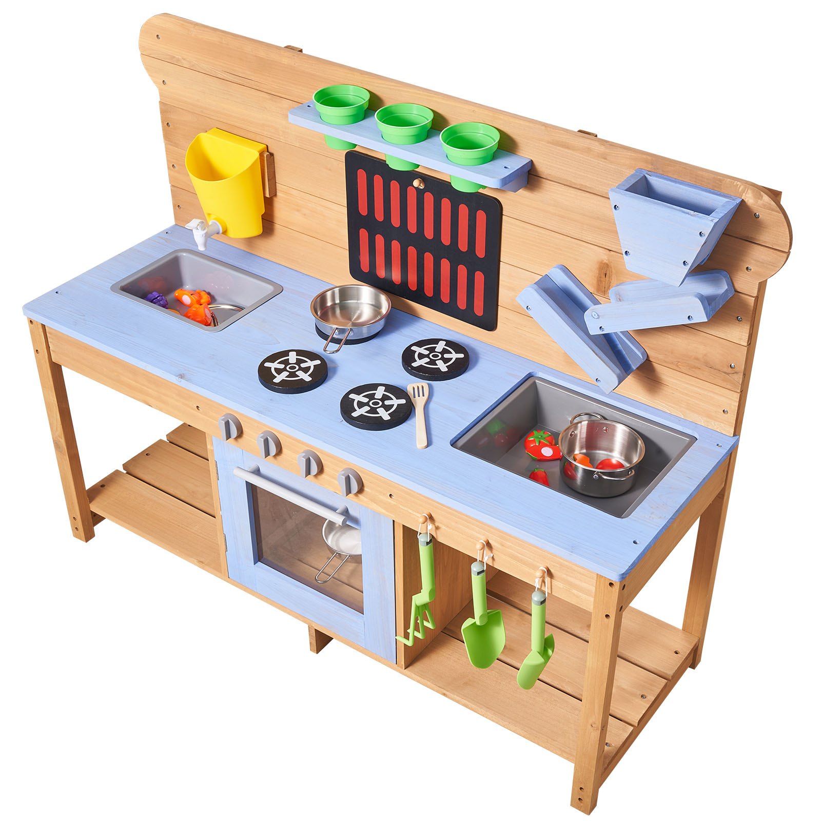 Mud Kitchen, Outdoor Mud Kitchen For Kids, Wood Outdoor Play Kitchens With Stoves, Hooks, Double Sinks, Planting Shovels, Spatulas, Cookware Pots And Accessories, Play With Water And Sand
