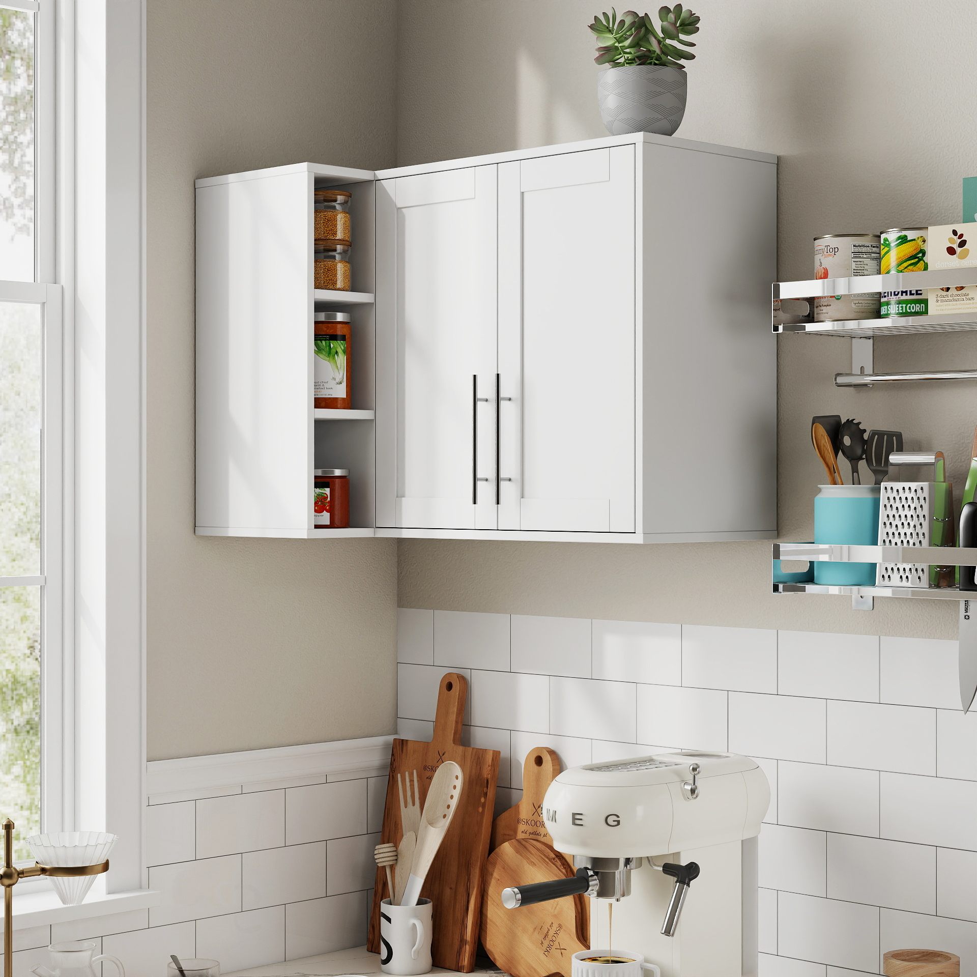 Aparador de cocina en L para pared con 2 puertas y 3 estantes