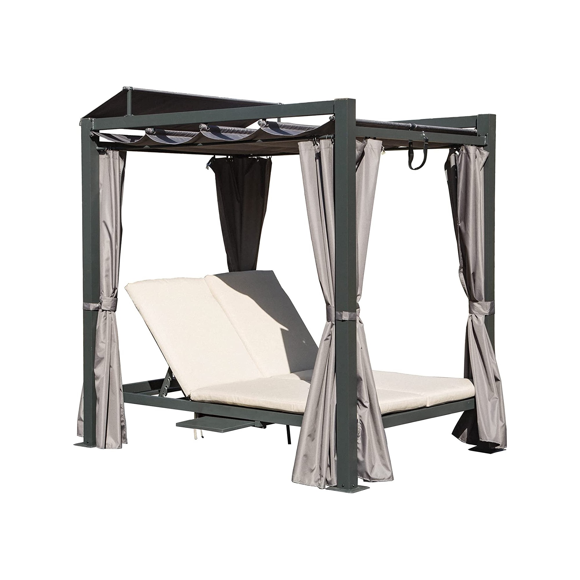 Tumbona doble de exterior de aluminio con dosel retráctil, cortina gris y cojín beige