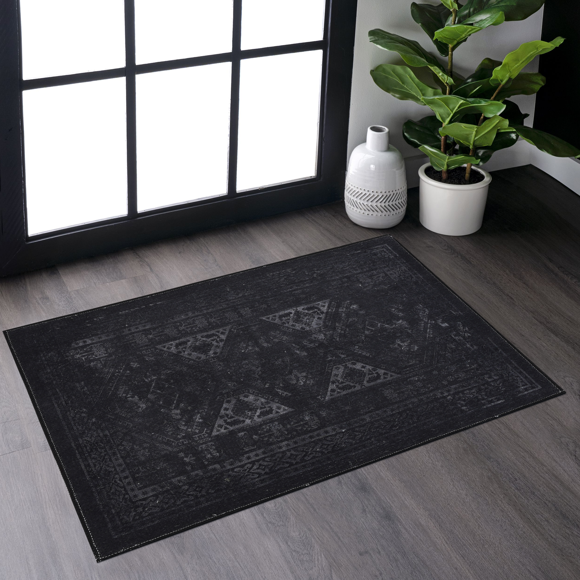 Alfombra lavable MAVAL 2x3 pies, felpudo, colores negro y gris